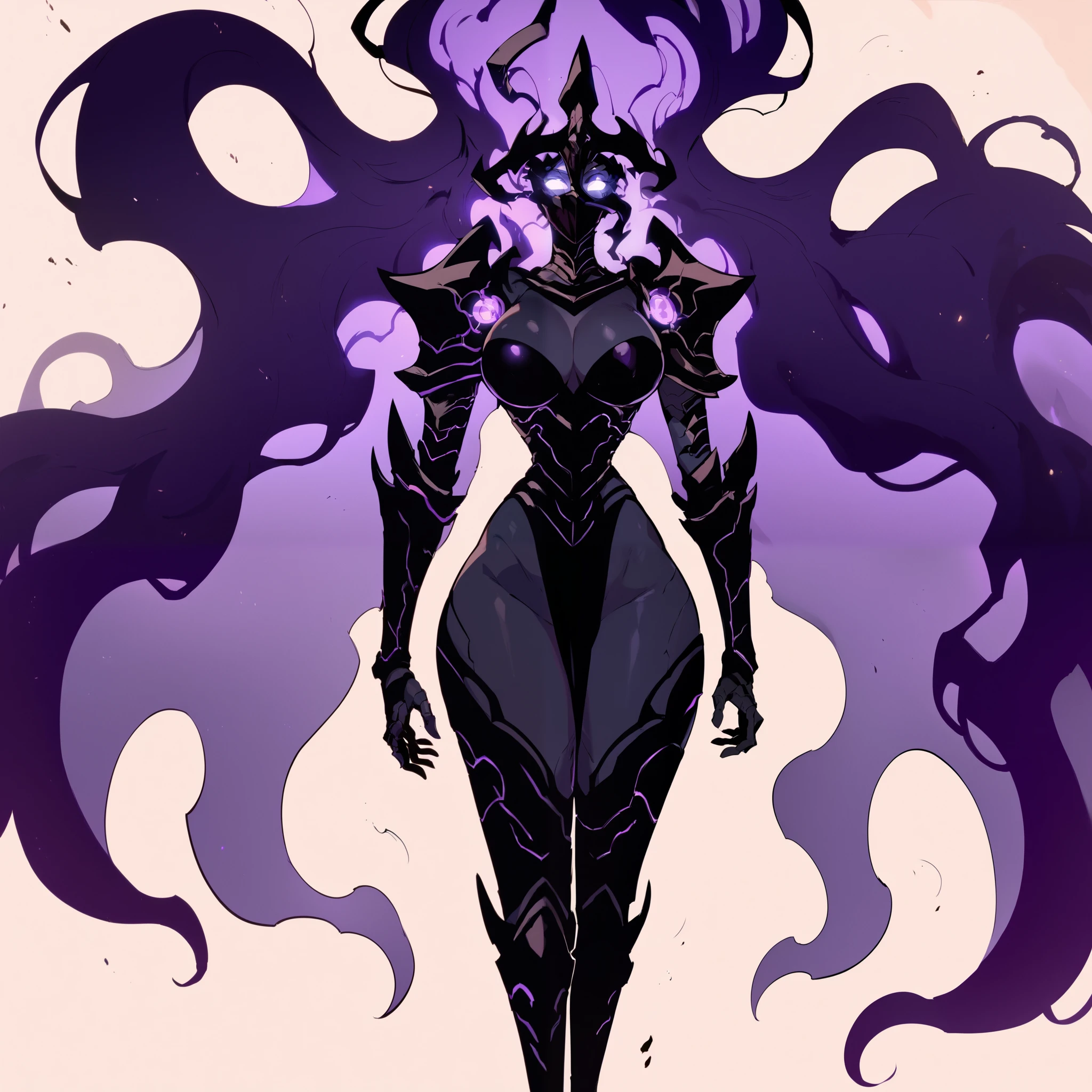 1girl, solo, glowing eyes, purple eyes, big breasts, narrow waist, wide hips, thick thighs, ethereal, very long purple hair, floating hair, totally black skin, Arise, shadow, glowing, aura, shadow_soldier, glowing eyes, ghost, purple skin, black skin, glowing skin, aura skin, smokey skin, dark skin, shadowy figure, misty and wispy, swirling smoke, dark fantasy, ethereal, Purple and black, knight armor, standing, floating, looking at viewer, simple background, from the front view