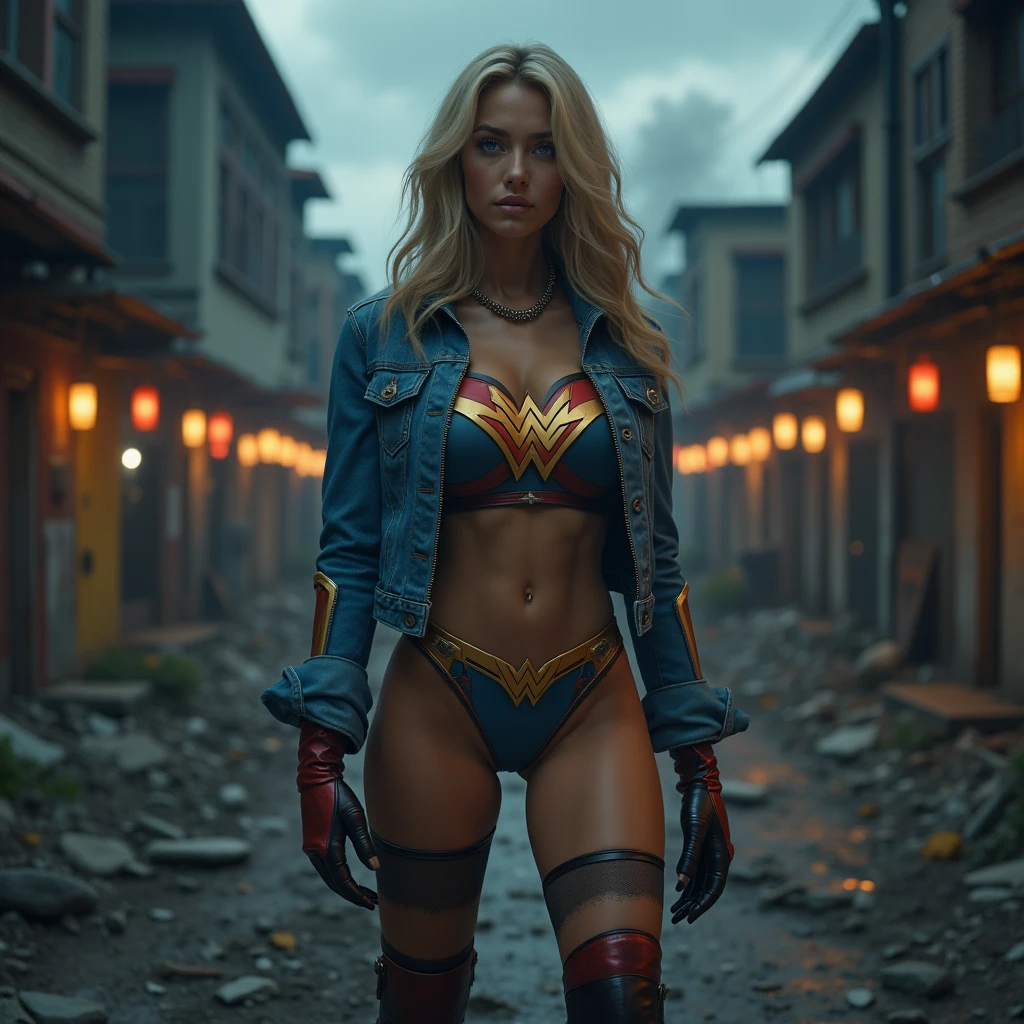 Action young heroine ,blonde, blue eyes, pretty, Her blue eyes are focused and fiery. Big , tigh bum. two big revolver in hands fired. The background blurs to emphasize her speed and agility, with intense lighting casting dynamic shadows across her features. A high-octane, cinematic action sequence with vibrant Technicolor aesthetics, featuring a stunning young superheroine with a voluptuous figure and battling villains with explosive action and dynamic visuals., sci-fi, soft focus, bright color grading, no superman, war clothing, cartridge belt, tits exposed, big saggy nipples. spred legs