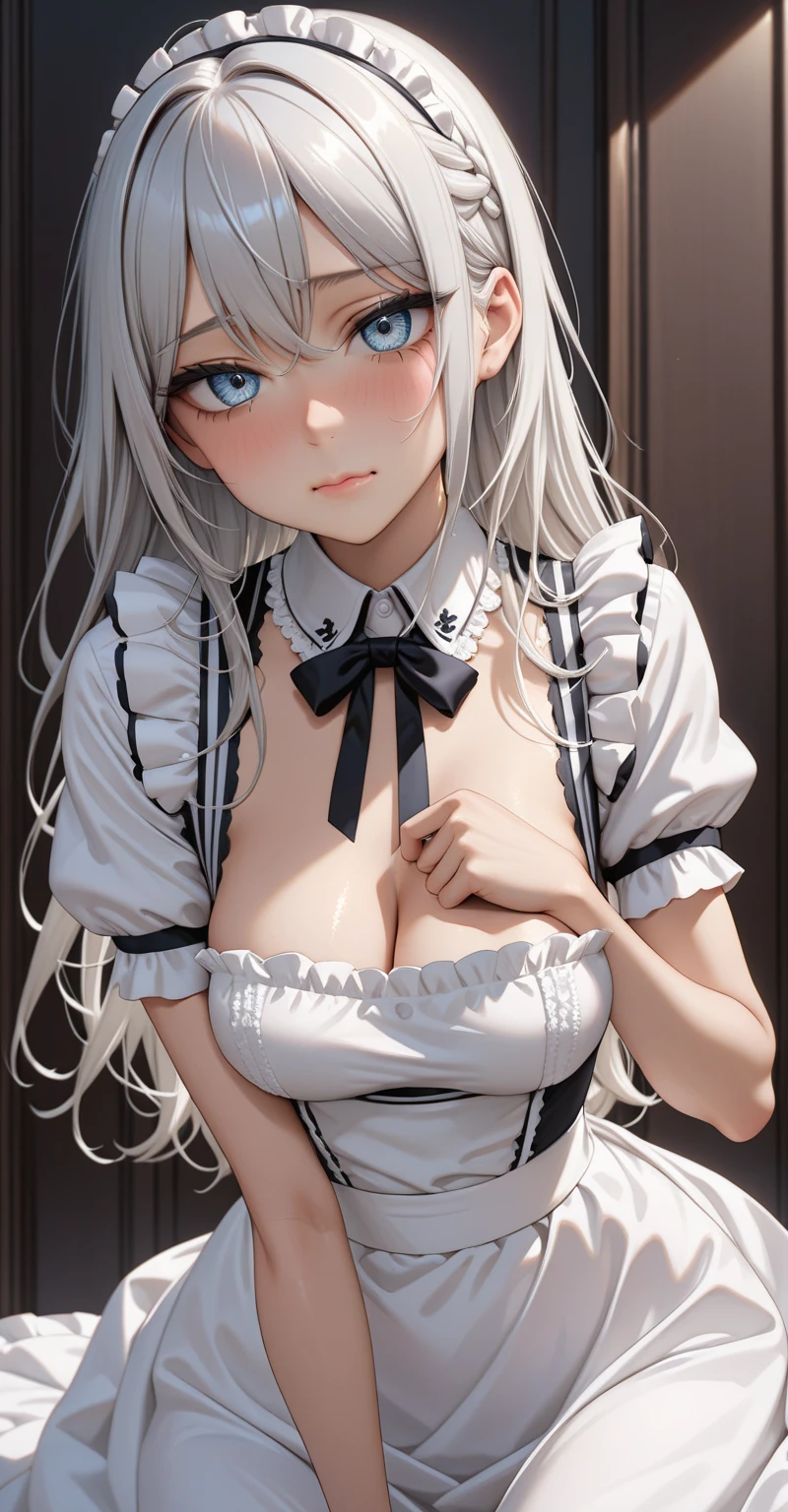 (best masterpiece, highest quality, highest quality,official art),(mature woman:1.3),(attractive woman),((masterpiece, highest quality))、8K、one woman、（(30 years old)）、((silver hair))、long hair、messy hair、blue eyes、Big eyes、sparkling eyes、Beautifully drawn eyes、angry、small bust、Black Gothic Maid、((white headband))、Knee to head、Entrance of a luxurious house、aerial perspective、pure、transparent、Light、Light、Light、