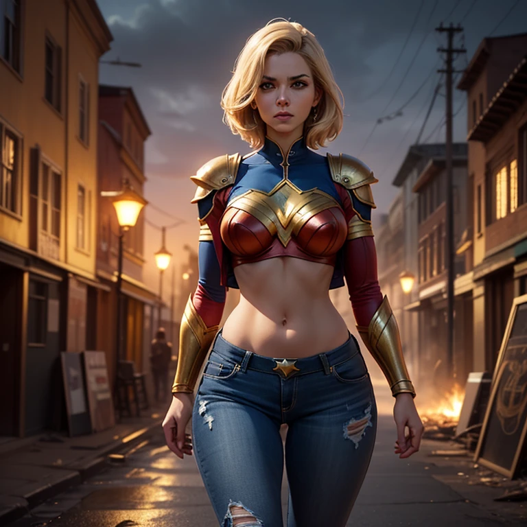((Beautiful woman wearing a sexy Supergirl costume, blonde and blond hair, blue eyes, underwear super cyberpunk costume ,An apocalyptic city of fire, showing flat stomach, Red mini skirt, beautiful fine hands, fringe, blue eyes, very detailed eyes, sexy body, large and round breasts, hard breasts, translucent stuff)), whole body, large and round breasts, unreal engine:1.4, detailed background, CG K Ultrarealistic, photorealistic:1.4, skin texture:1.4, masterpiece:1.4, 8K more detailed.unreal engine:1.4, HD, La Best Quality:1.4, photorealistic:1.4, skin texture:1.4, masterpiece:1.8,masterpiece, Best Quality,object object], (detailed facial features:1.3), (Apocalyptic sunset:1.4), (Rainy blue lightning background:1.4), (NSFW:1.2)