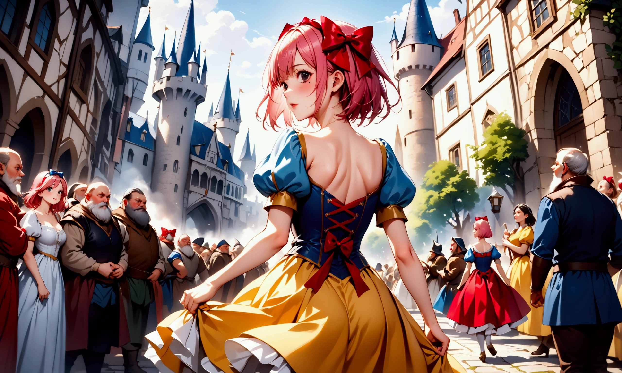 (((from behind))), powerful, (((Back view))), (((Picture book illustrations))), Fantasy World, (Medieval European), (Characters are on the edge), ((spring)), ((snow white cosplay, snow white (disney) (cosplay), cosplay, dress, hair bow, puff and slash sleeves, puffy short sleeves, puffy sleeves, red bow, short sleeves, skirt, yellow skirt)), break, skinny, alone, solo, Masterpiece, highest quality, highest quality, 16K, incredibly absurd, highly detailed, 2.5D, ai-generated, delicate and dynamic, very delicate facial expressions, delicate eye depiction, erotic, only sexy woman, ((A cute and kind face)), healthy figure, ((1 woman)), (20 years old), 160cm tall, (((short hair), Straight Hair, (pink hair:1.5), bob cut, black eye)),), medium firm swaying bust, ((medium breasts)), sexy, ((thin thighs)), shiny and lustrous, ((dutch angle)), (Dynamic Pose), (((random Pose))), In the castle town, the castle is visible, a large crowd, walking towards the castle, many people, the seven dwarves,