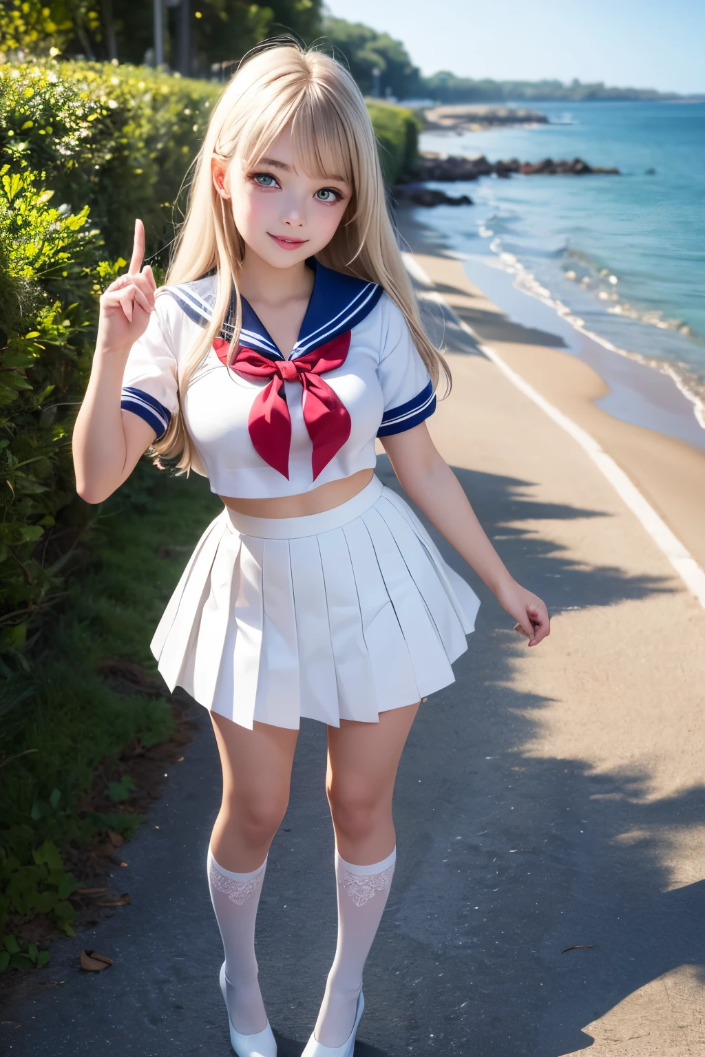 Best quality, full body focus, full body shot, perfect face, soft light, ultra high res, 8k, Masterpiece, , , view the viewer, full body , Front view, (1girl), , Cute face, (blue eys:1.5), (Light Blonde long hair, Bangs), beautiful (Medium breasts:1.3), , Beautiful boob, Beautiful finger, Beautiful hands, Beautiful arms, Beautiful feet, Beautiful legs, (high resolution detail of human skin texture) , ((white Short sleeves sailor uniform, white pleated skirt, knee-high socks, white with lace trim, white pin high heels)), , Summer, Sea Side,, , (( standing, , smiling, nose blush) , )) , ,score_9, solo, no bra, no panties, ,