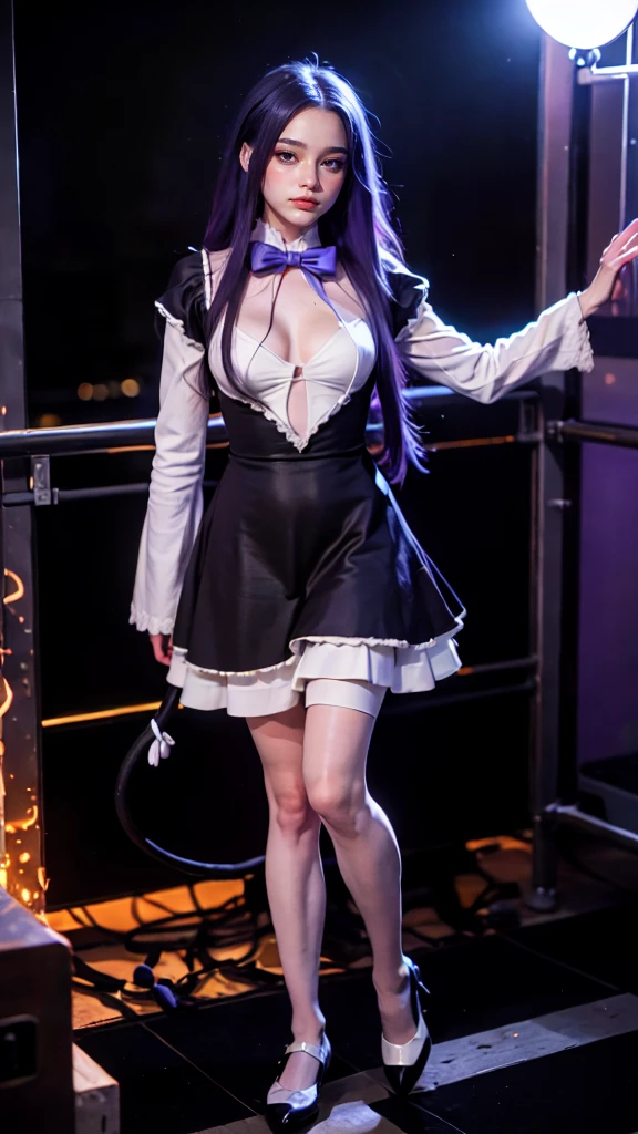 (1 lady), (Best quality at best:1.4), (ultra - detailed), (extremely detailed CG unified 16k), A Beautiful Woman with Perfect Figure: 1.4, Sharp Focus: 1.2, purple hair, very detailed, High-definition RAW color photo, professional photoshooting, amazing face and eyes, cosmetics, (amazingly beautiful girl), ((frederica bernkastel)), NOT Dasha Taran, ((exact clothes: dress, bowtie, mary janes, socks, cat tail, tail bow, tail ornament)), levitating in a cute posture, (floating in space), (She's levitating in a cosmic sea, outer space:1.3, quantum hyperspace room lacking walls, hyperspace chamber, extremely detailed background, a lot of details background, realistic background), (look from above), realistic cinematic face, head to feet long wide zoomed out view, full body long view, photorealistic, ((realistic natural purple hair style, purple eyes)), gorgeous, extremely beautiful face, perfect model beauty, pout mouth, Highly Detailed Face and Skin Texture, Detailed Eyes, Double Eyelids, Big Breasts, Expressionless, (masterpiece), best quality, high resolution, extremely detailed, cinematic lighting, amazing legs, high heels, clear and well-cared skin, pale skin