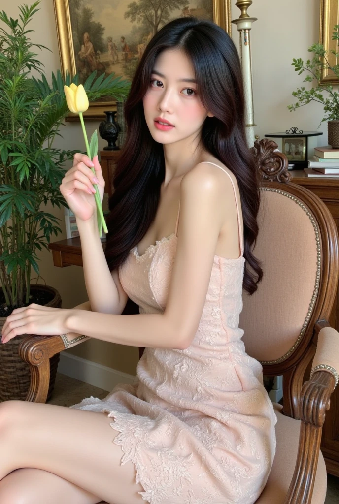 masterpiece, highest quality, High resolution, amazingly beautiful woman,21 years old,one beautiful girl,living,Shoulder-length brown hair,Pose in front of the camera, floral pattern dress,small breasts, natural color lips, smile,