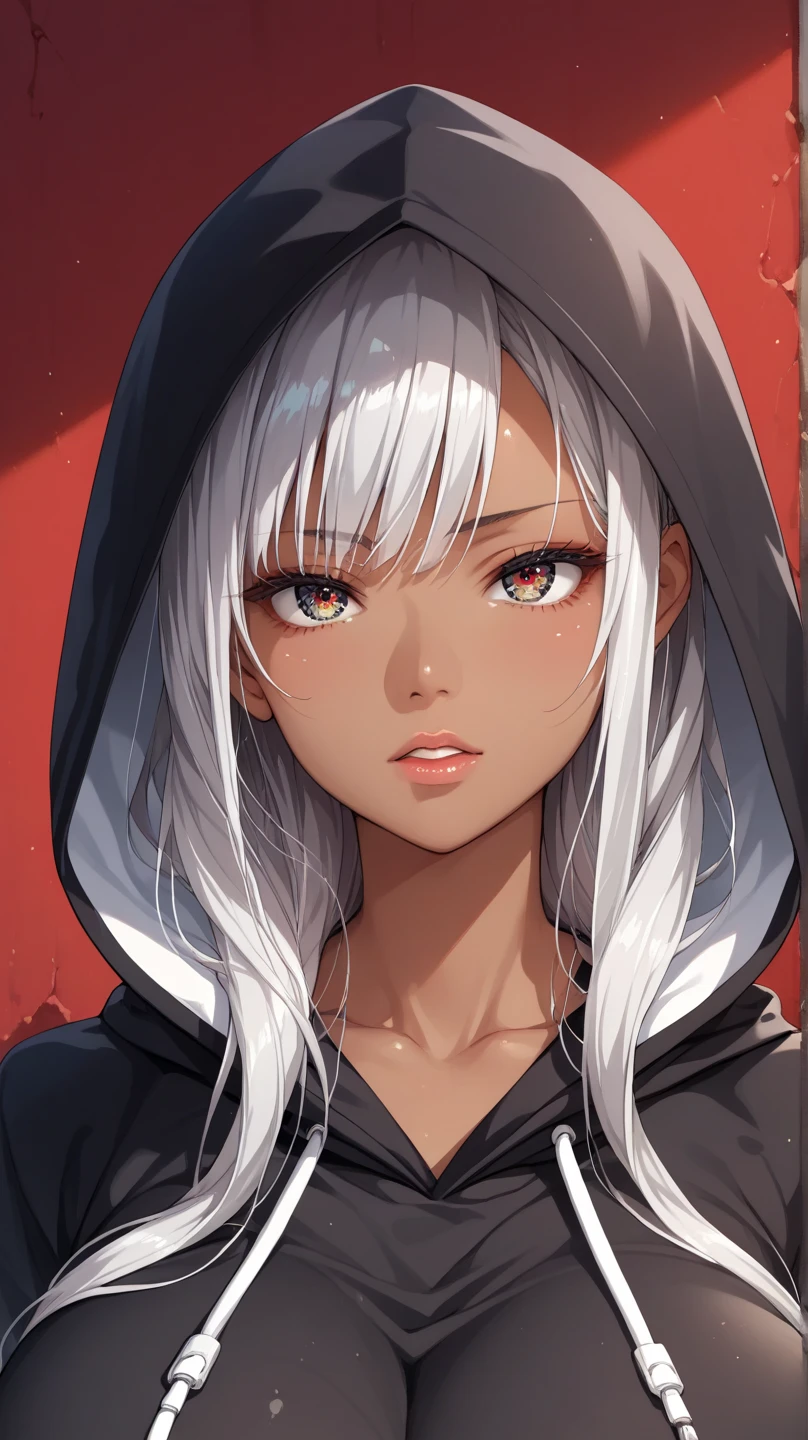 (tanned elf girl:1.2), (long hair), (solo:1.2), (gradient brown background:1.2), (cloak hood:1.2), (hooded head:1.2)