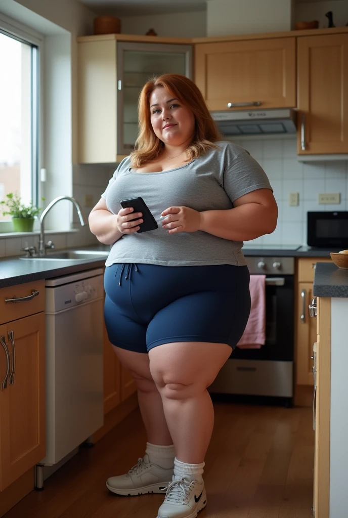 A muffin-baking photo of a young beautiful bottom heavy tradwife redhead ssbbw with pear-bodyhape, extreme wide hips, with short ginger hair soft fat belly, extremely wide fat obese hips, very obese legs, thick fat wide legs and fat arms, huge wide butt, cute pretty face, small breasts, blue eyes, freckles, in a long cooking apron in a kitchen, makeing lot ot muffins