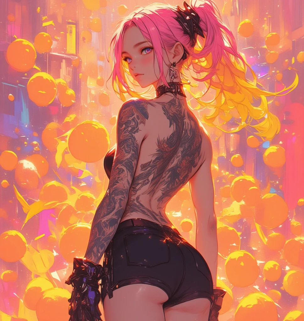 (Accentuated super huge enormously gigantic tits, cleavage showing:1.2), flat stomach, curvy thick body, small stature, baby face,lustrous skin, bright skin,shiny skin,purple eyes,vibrant colors,rich colors,(((liquid neon orange paint hair, arching her back, sexy seductive slutty pose, tattoo sleeves and piercings, full body portrait:1.1))) ,((made of paint and defies gravity,thick flowing),(paint splatter:1.3), (shiny hair: 1.3),