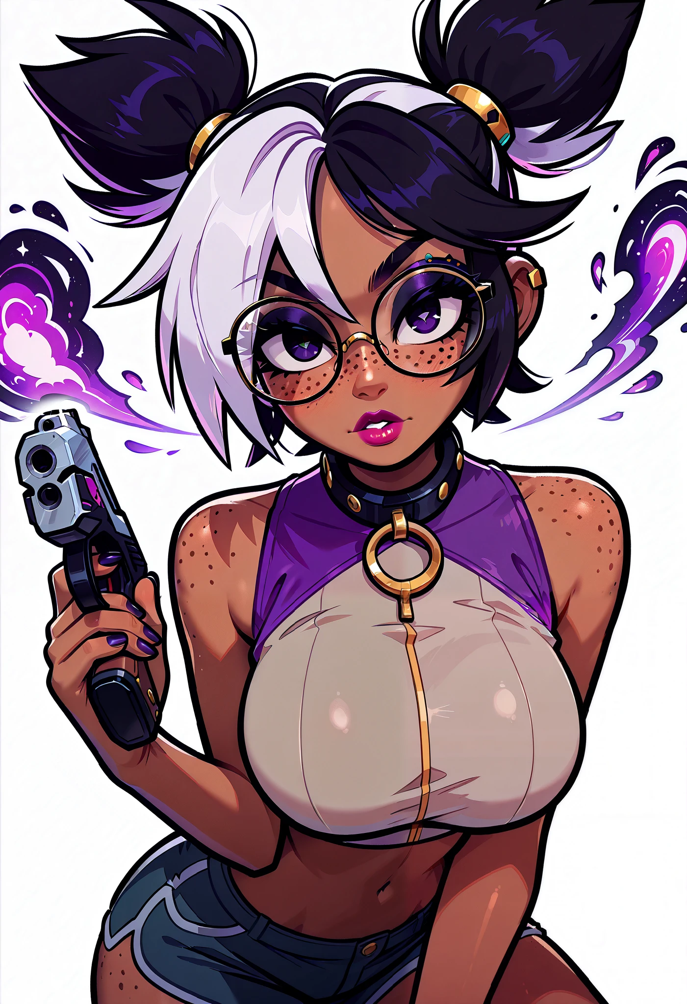 (masterpiece), 1girl, solo, best quality, expressive eyes, perfect face, newest, perfect anatomy, flawless face, dark skinned African female with pigtails and glasses, multicolored hair, collar, makeup, lipstick, glossy lips, freckles, big breasts, big butt, looking at viewer, hair blowing in wind, seductive expression, sexy look, pov from front, extending a hand shake towards the viewer, crop top with moon graphic, light purple nebula short shorts, holding a pistol, serious, mad, white background
