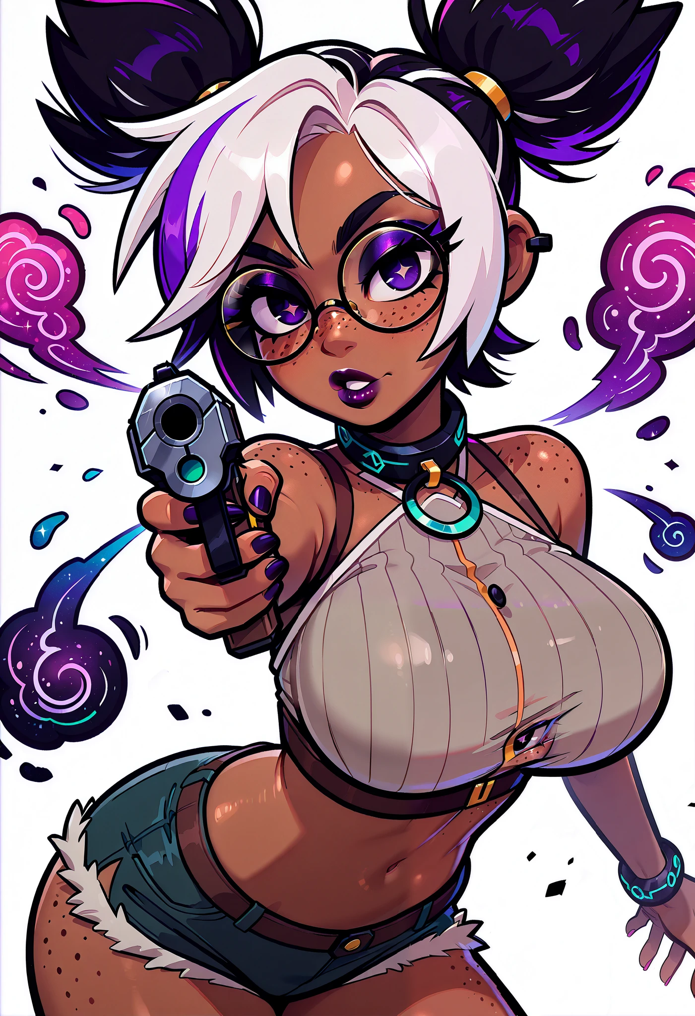 (masterpiece), 1girl, solo, best quality, expressive eyes, perfect face, newest, perfect anatomy, flawless face, dark skinned African female with pigtails and glasses, multicolored hair, collar, makeup, lipstick, glossy lips, freckles, big breasts, big butt, looking at viewer, hair blowing in wind, seductive expression, sexy look, pov from front, extending a hand shake towards the viewer, crop top with moon graphic, light purple nebula short shorts, holding a pistol, serious, mad, white background