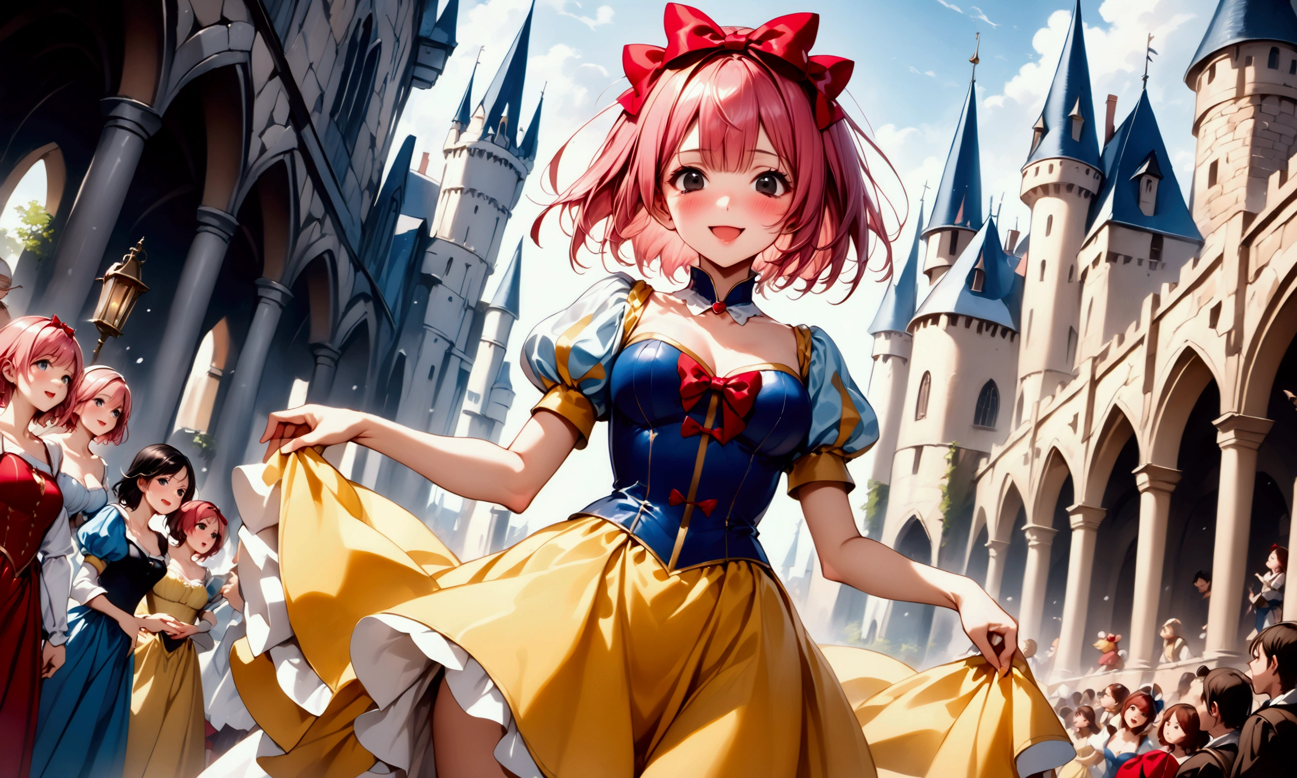 (((Picture book illustrations))), Fantasy World, (Medieval European), (Characters are on the edge), ((spring)), ((snow white cosplay, snow white (disney) (cosplay), cosplay, dress, hair bow, puff and slash sleeves, puffy short sleeves, puffy sleeves, red bow, short sleeves, skirt, yellow skirt)), break, skinny, alone, solo, Masterpiece, highest quality, highest quality, 16K, incredibly absurd, highly detailed, 2.5D, ai-generated, delicate and dynamic, very delicate facial expressions, delicate eye depiction, erotic, only sexy woman, ((A cute and kind face)), healthy figure, ((1 woman)), (20 years old), 160cm tall, (((short hair), Straight Hair, (pink hair:1.5), bob cut, black eye)),), medium firm swaying bust, ((medium breasts)), sexy, ((thin thighs)), shiny and lustrous, ((dutch angle)), (Dynamic Pose), (((random Pose))), In the castle town, the castle is visible, a large crowd, standing on a high platform, making a speech, powerful, ((crazy smile)),