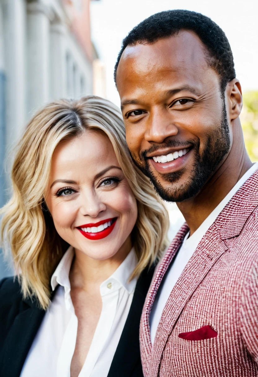 Estella Warren and a handsome African American male whose facial features are a combo of Charles Michael Davis + Isaiah Mustafa + Laz Alonso pose together for a photo. Both are smiling. Both are attired attractively but casually for a date. Estella wears a white top and a black leather skirt. Estella has lovely makeup on her face. Daytime. Romantic ambiance. Symmetrical eyes. Symmetrical faces. Lovely details. Photorealistic. Full-colored photo. Professional photo. Highly detailed 8K.