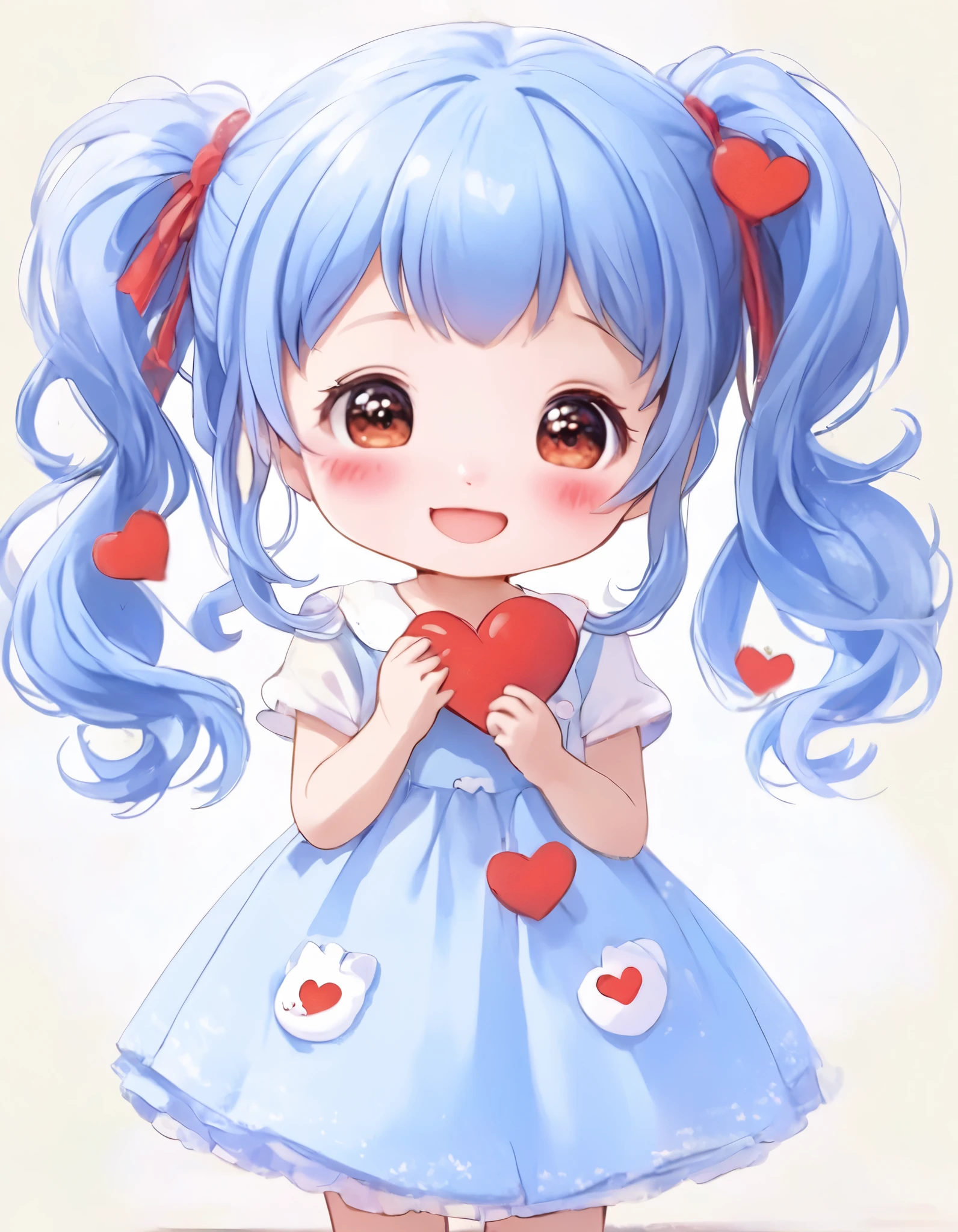 There is a girl who has a lot of red hearts on her hands, light blue long hair、 twin-tailed little characters 、Girl in Love, cute and lovely, lovely and cute, cute digital art, cute cartoon character, cute cartoon, cute art style, cute artwork, realistic cute girl painting, cute kawaii girl, cute character, cartoonish cute, cute, happy girl