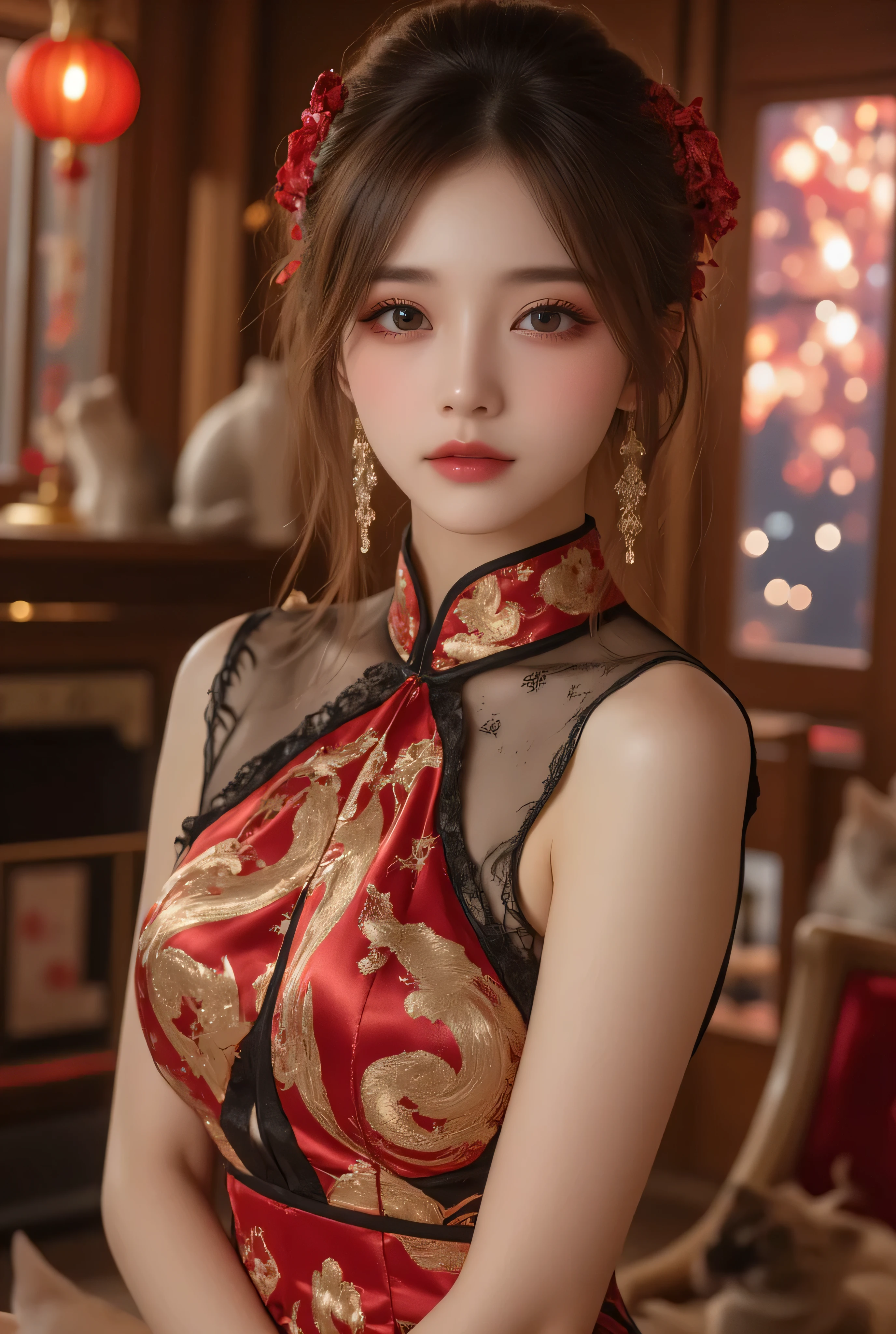 Araffe asian woman in a red and gold dress posing for a picture - SeaArt AI