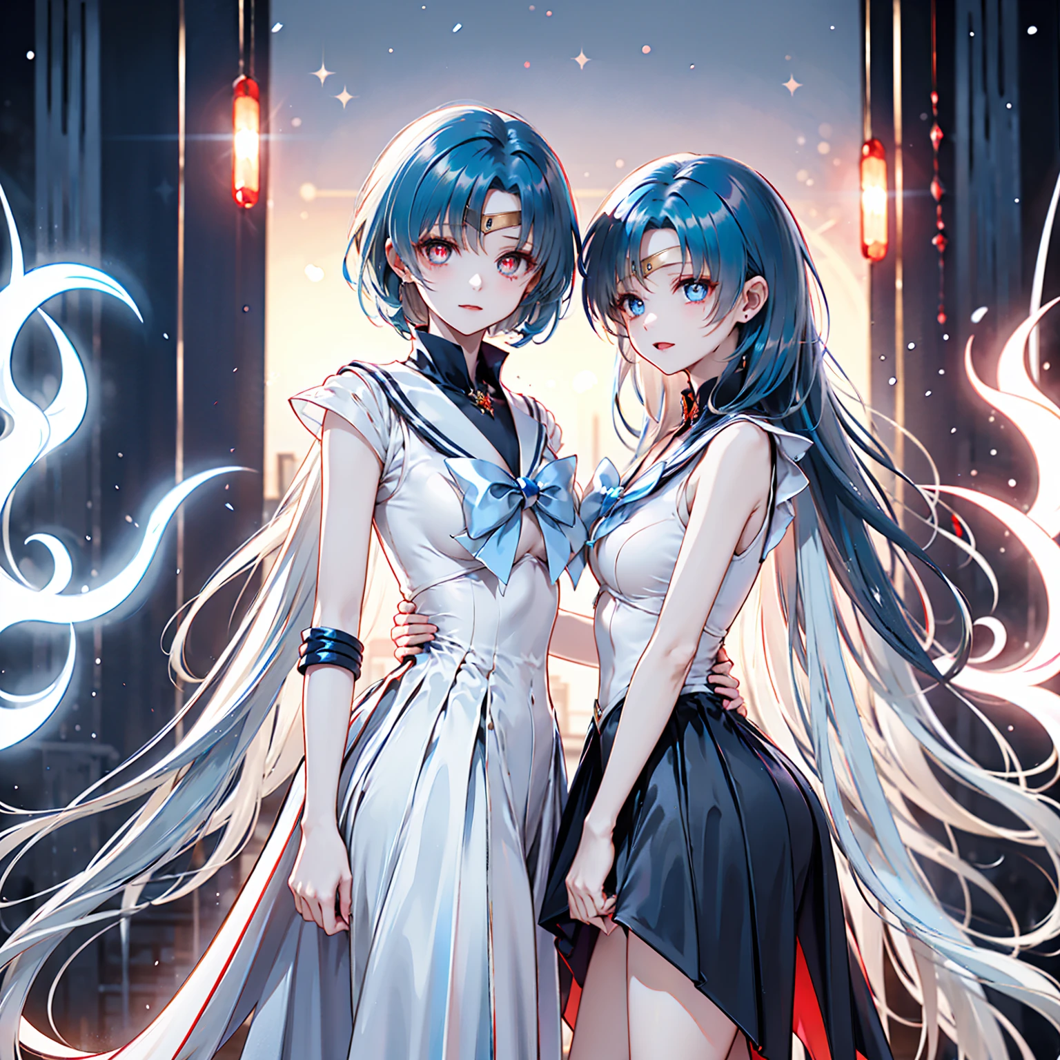 anime, anime girl, blue hair, anime, anime art, anime girls, beautiful gemini good and evil, with glowing blue lights, glowing blue, beautiful gemini twins, anime fantasy illustration, trending on artstation pixiv, digital art on pixiv, detailed digital anime art, beautiful depiction, beautiful sci - fi twins, beautiful anime art style, two beautiful anime girls