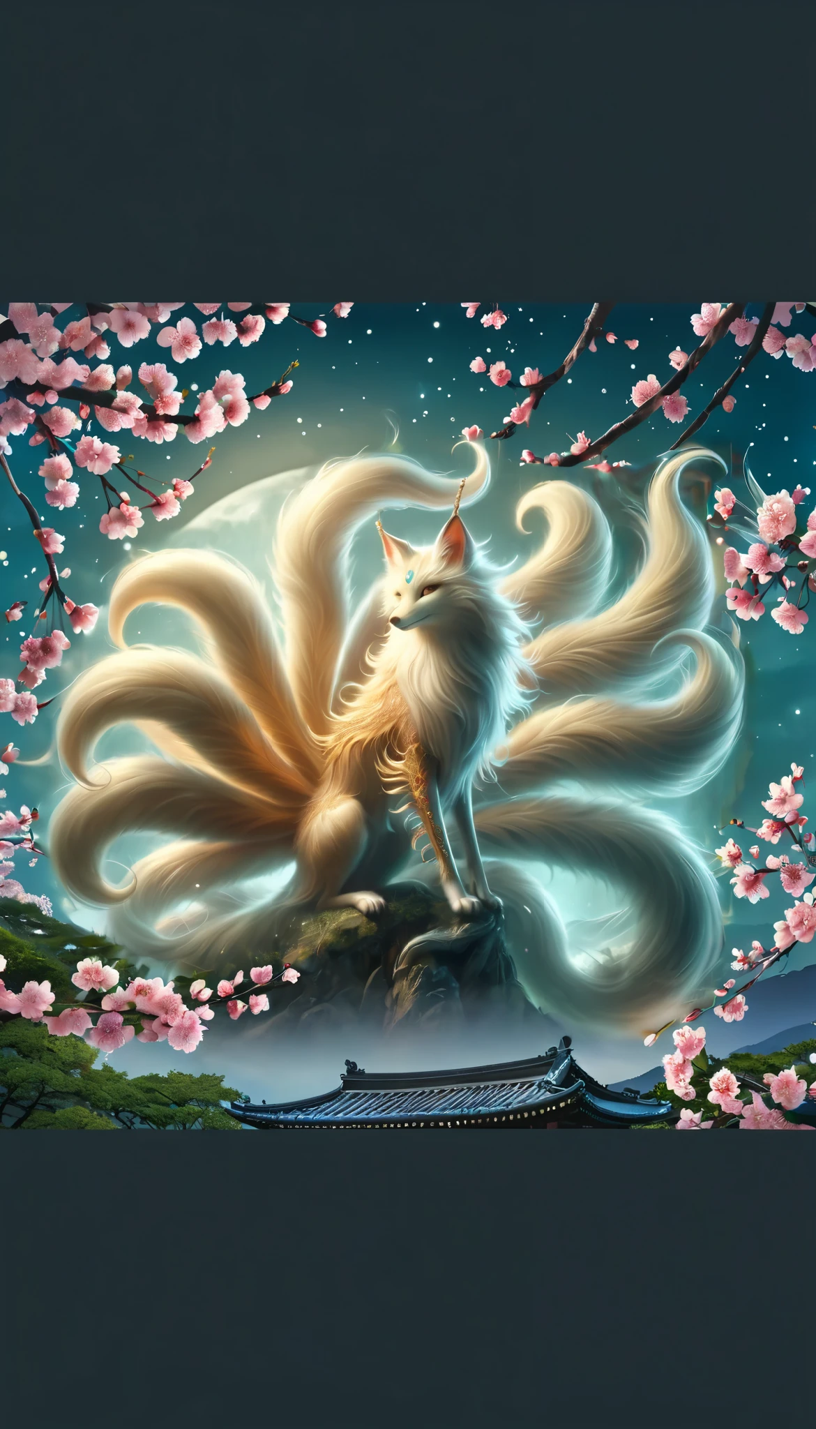 Full Moon Hanging , Dreamy Background , Full of Cherry Blossoms,