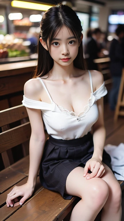 best quality, detailed, beautiful, insanely detailed, absurdres,perfect ???????,
Japanese woman,black hair,27 years old,
(slender),
(small breasts best quality),nsfw,
from front, smiling, sitting, (legs spread:1.2), (brown drop shoulder tee), (red skirt:1.1), (Wearing white panties:1.1),(cameltoe:1.3), drunk, in the pub, cowboy shot, low angle shot