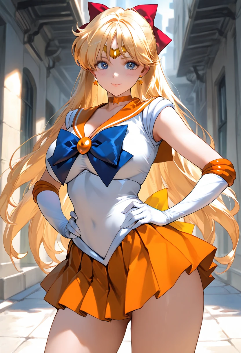 masutepiece, Best Quality, hight resolution, SV1, Sailor Senshi Uniform, Orange skirt, White shorts、elbow groves, tiarra, Pleated skirt, Miniskirt, White panty、Red bow, orangechoker, White Gloves, Jewelry, Starry sky, badass pose, slight smile, Portrait, floating, Moon, Upper body