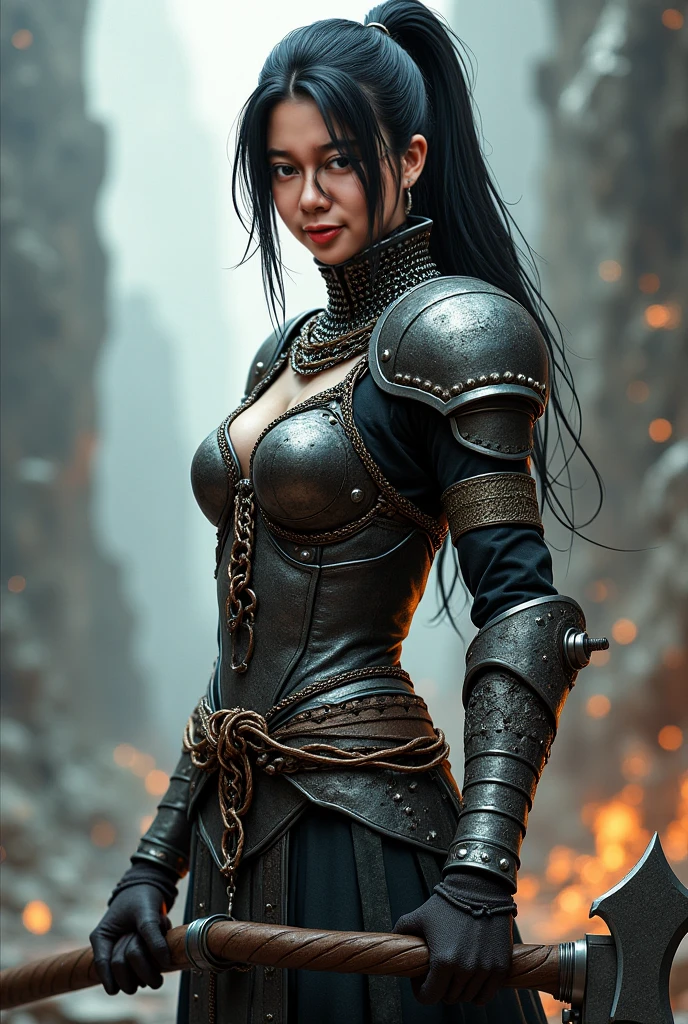 (real photography), (8k), (masterpiece: 1.2), (best quality: 1.2), perfect eyes, perfect face, volumetric light, 1girl, tall and mature Persian female warrior, muscular, long hair, bouffant Puff cut, black heavy armor, huge shoulder armor, gauntlets, cape, belt, machete, leather pants, stern expression, makeup, lipstick, eye shadow, mascara, thick eyelashes, dark fantasy, outdoors, detailed background, hands on hips,digital art, MGS V Quiet, looking serious, masterpiece, best quality, sexy