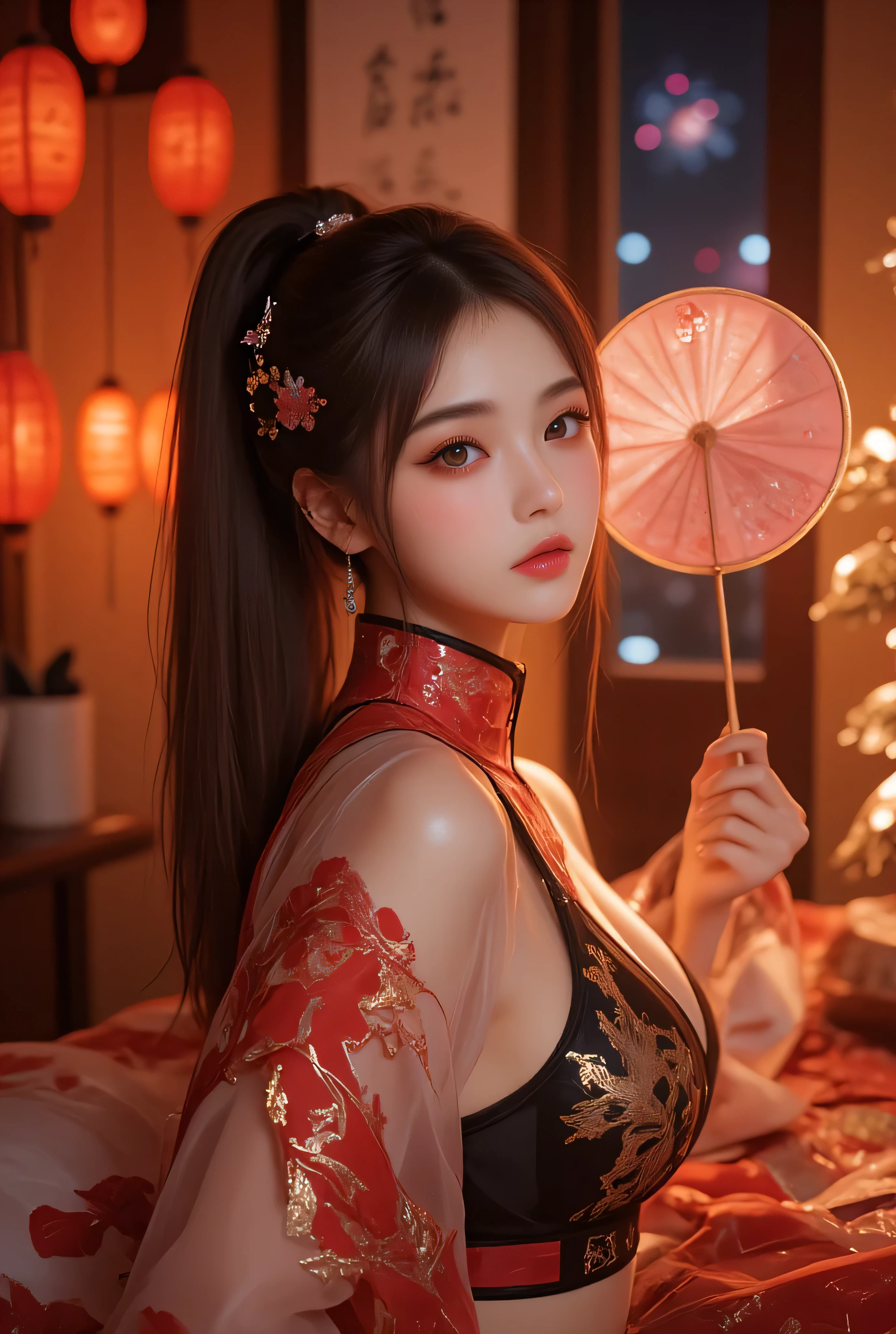 Cat ears、 face up, attractive, pretty girl, ponytail、 (( fine facial features , eroticism)), dramatic lighting , realistic , 8k, Dramatic Shadows , intricate and elaborate patterns , super detailed photo , chiaroscuro lighting , Pleasant colors , deep contrast , super real 、 pink lipstick、 warm room、Vintage Fireplace 、 cinematic composition、Close-up of face, pretty half part transparent open shoulder loose outfits dress, tang style, A beautiful Korean idol wearing a one piece red- black tightly cheongsam with phoenix and intricate floral golden embroidery, golden and silver outline on dress, hand hold pink feathers paper fan with golden ink drawing, rings, necklace, Chinese pretty silver gem hairpin, standing gracefully in a room filled with traditional Chinese New Year decorations. The room features vibrant red lanterns, decorative calligraphy scrolls, a small Chinese orange tree with golden ornaments, and several red envelopes scattered across the floor and hanging from the tree. Adorable, playful cats are part of the scene—some sitting near the tree, others curiously pawing at the red envelopes or lounging around. Through a window or an open door in the background, vibrant Chinese fireworks light up the night sky in an array of reds, golds, and blues, casting a magical glow into the room. The idol’s outfit is paired with subtle accessories like red hairpins or earrings, complementing the festive look. The atmosphere is warm and lively, filled with the joyful essence of the celebration, enhanced by the shimmering lights of the fireworks and the lively decor.
