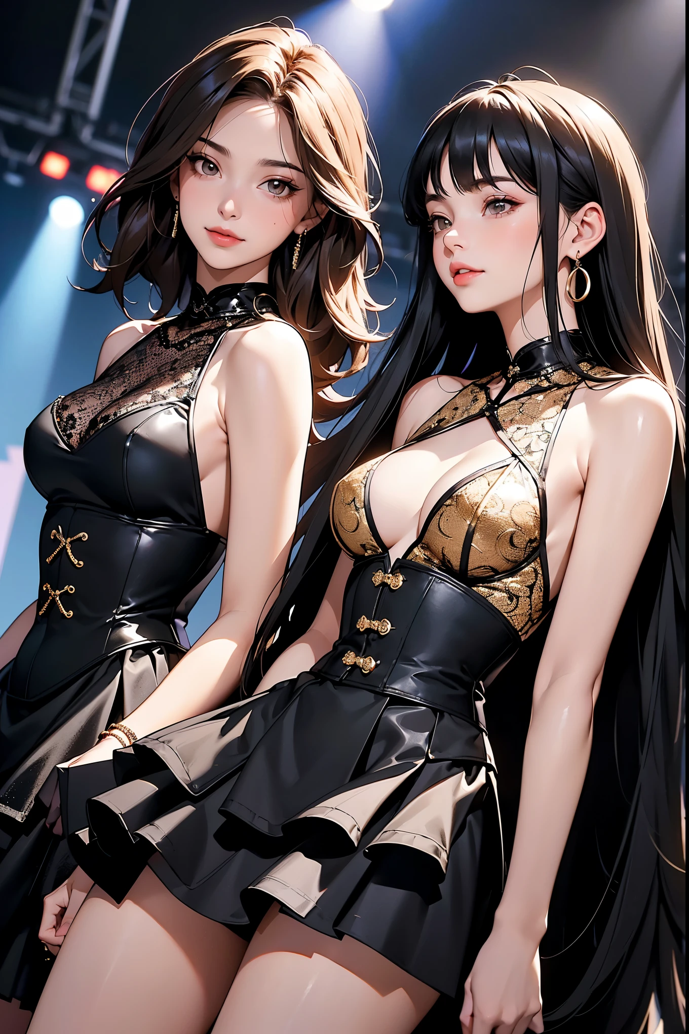 ((Raw photography,top-quality,hight resolution,Ray tracing,nffsw,Best Quality,Post-processing,portlate.3D,),(( dark black leather BDSM,Gorgeous gold embroidery on shiny dark black leather bondage,showy,tight skirts,))),Long black hair,Big breasts that emphasize cleavage:3.0,Thin leg,Brown eyes,Elaborate limb representation,a small nose,Have a perfect body,sleeveless,)))((Limbs are２facing,Number of fingers５Accurately depicted in the book、Hands are lightly clasped,Complex fishnet stockings,pin heels,Precise finger depiction,)),((tthin eyebrows,long eyelashes,smil,二重まぶた,Vibrant eyes，)),No title required,Do not wear anything on your shoulders,Create beautiful light effects on the background,Light Particle Filter,(finerly detailed face:1.3),Luxury hotel rooms,Luxurious room,、１６age