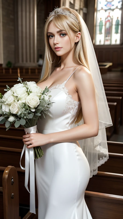 25-year-old Caucasian woman、platinum-blonde、blue eyess、Semi-long、My hair is wavy、My abs are cracked、ssmile、slim muscular body、I don&#39;t want my head to disappear from the screen.、wearing a wedding dress、short hem length、Inside a church with stained glass、