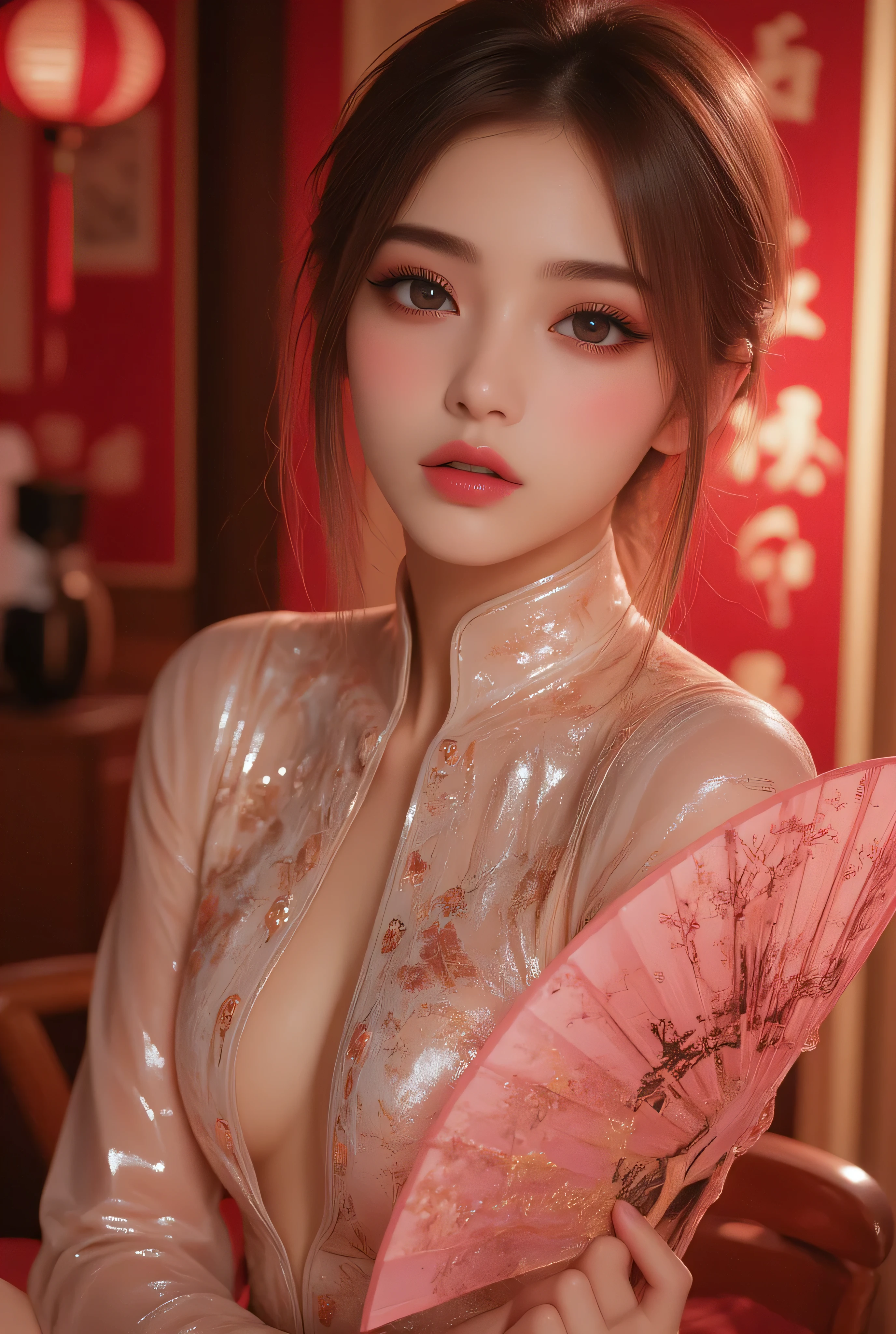 Cat ears、 face up, attractive, pretty girl, ponytail、 (( fine facial features , eroticism)), dramatic lighting , realistic , 8k, Dramatic Shadows , intricate and elaborate patterns , super detailed photo , chiaroscuro lighting , Pleasant colors , deep contrast , super real 、 pink lipstick、 warm room、Vintage Fireplace 、 cinematic composition、Close-up of face, pretty half part transparent open shoulder loose outfits dress, tang style, A beautiful Korean idol wearing a one piece red- black tightly cheongsam with phoenix and intricate floral golden embroidery, golden and silver outline on dress, hand hold pink feathers transparent Chinese fan with golden ink painting of bird and tree , standing gracefully in a room filled with traditional Chinese New Year decorations. The room features vibrant red lanterns, decorative calligraphy scrolls, a small Chinese orange tree with golden ornaments, and several red envelopes scattered across the floor and hanging from the tree. Adorable, playful cats are part of the scene—some sitting near the tree, others curiously pawing at the red envelopes or lounging around. Through a window or an open door in the background, vibrant Chinese fireworks light up the night sky in an array of reds, golds, and blues, casting a magical glow into the room. The idol’s outfit is paired with subtle accessories like red hairpins or earrings, complementing the festive look. The atmosphere is warm and lively, filled with the joyful essence of the celebration, enhanced by the shimmering lights of the fireworks and the lively decor.