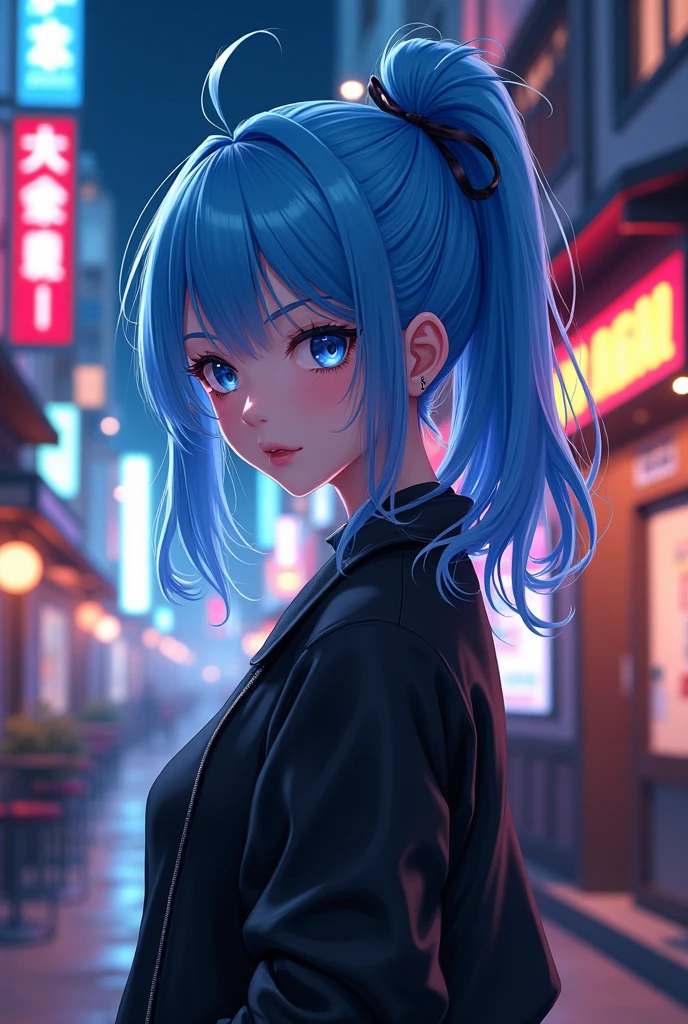 anime girl with blue hair in a high ponytail, wearing a black casual, standing in a cityscape infront of bars at night, with street and bar lights reflecting off her hair