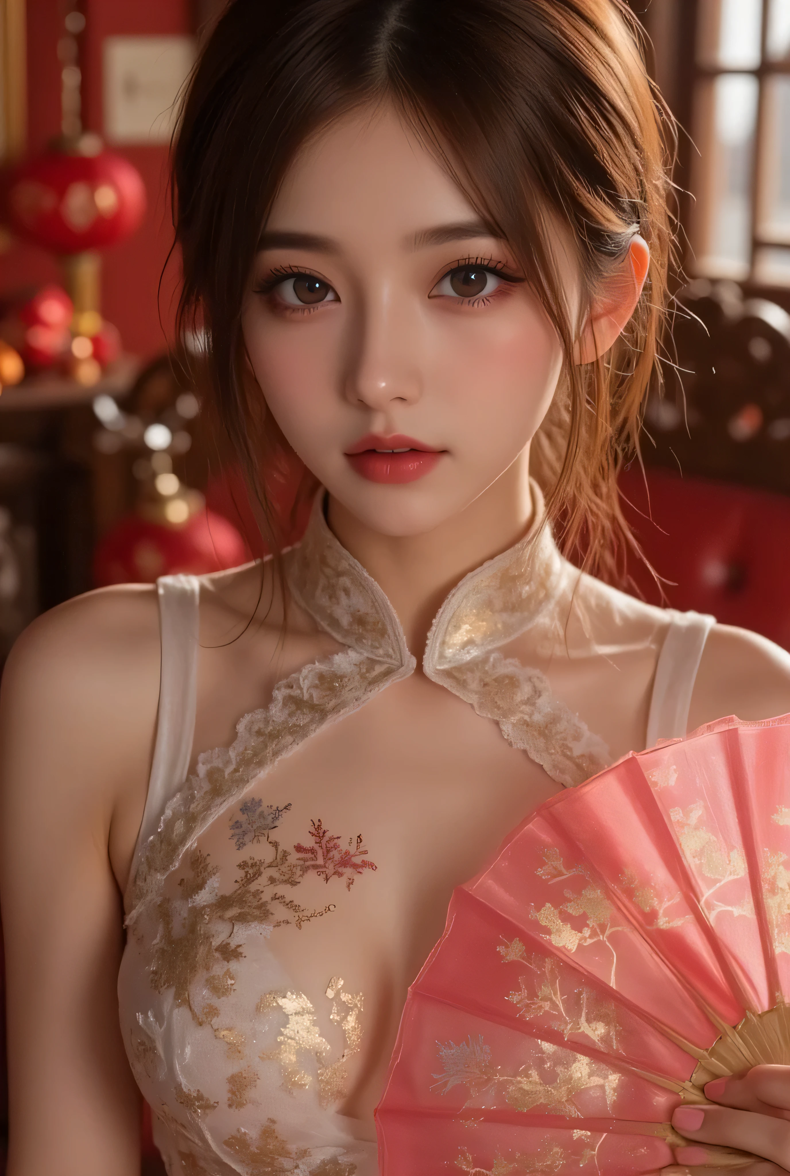 Cat ears、 face up, attractive, pretty girl, ponytail、 (( fine facial features , eroticism)), dramatic lighting , realistic , 8k, Dramatic Shadows , intricate and elaborate patterns , super detailed photo , chiaroscuro lighting , Pleasant colors , deep contrast , super real 、 pink lipstick、 warm room、Vintage Fireplace 、 cinematic composition、Close-up of face, pretty half part transparent open shoulder loose outfits dress, tang style, A beautiful Korean idol wearing a one piece red- black tightly cheongsam with phoenix and intricate floral golden embroidery, golden and silver outline on dress, hand hold pink feathers transparent Chinese fan with golden ink painting of bird and tree , standing gracefully in a room filled with traditional Chinese New Year decorations. The room features vibrant red lanterns, decorative calligraphy scrolls, a small Chinese orange tree with golden ornaments, and several red envelopes scattered across the floor and hanging from the tree. Adorable, playful cats are part of the scene—some sitting near the tree, others curiously pawing at the red envelopes or lounging around. Through a window or an open door in the background, vibrant Chinese fireworks light up the night sky in an array of reds, golds, and blues, casting a magical glow into the room. The idol’s outfit is paired with subtle accessories like red hairpins or earrings, complementing the festive look. The atmosphere is warm and lively, filled with the joyful essence of the celebration, enhanced by the shimmering lights of the fireworks and the lively decor.
