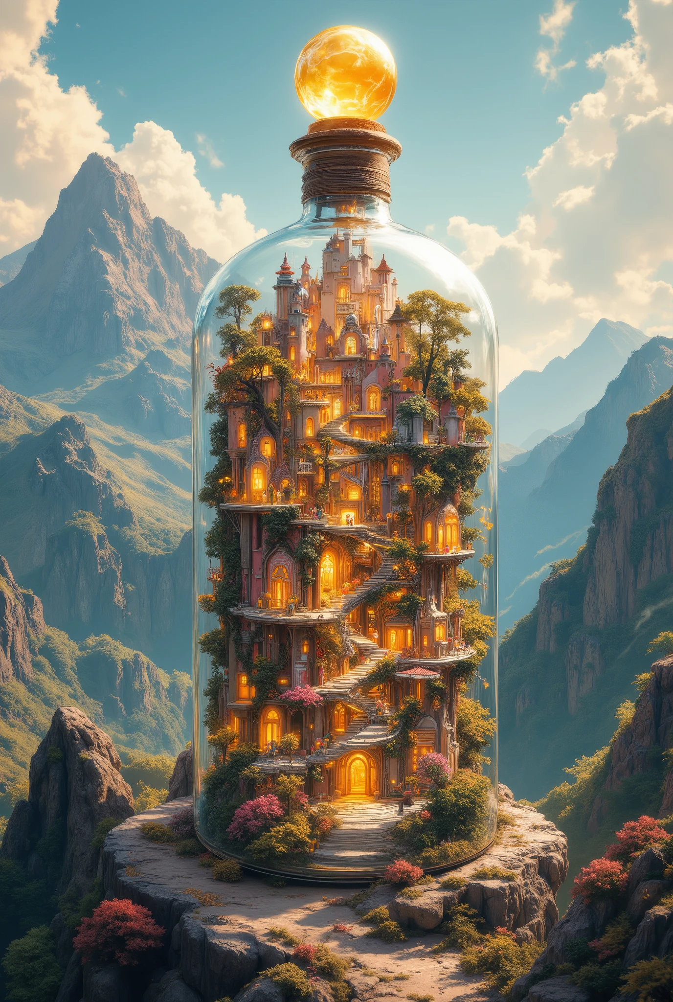 (photorealism:1.2), A giant, glass bottle containing a miniature, upside-downcity that is mash up of fairy tale and scifi. Has the feel of a fairy tale but with scifi details seemlessly blended in. Style of Studio Ghibli, base color rich pinks and cream yellow, in a giant ,massive glass bottle while outside there is fantasy deep jungles near mountain. the cap of the bottle is a glemering golden crystal ball