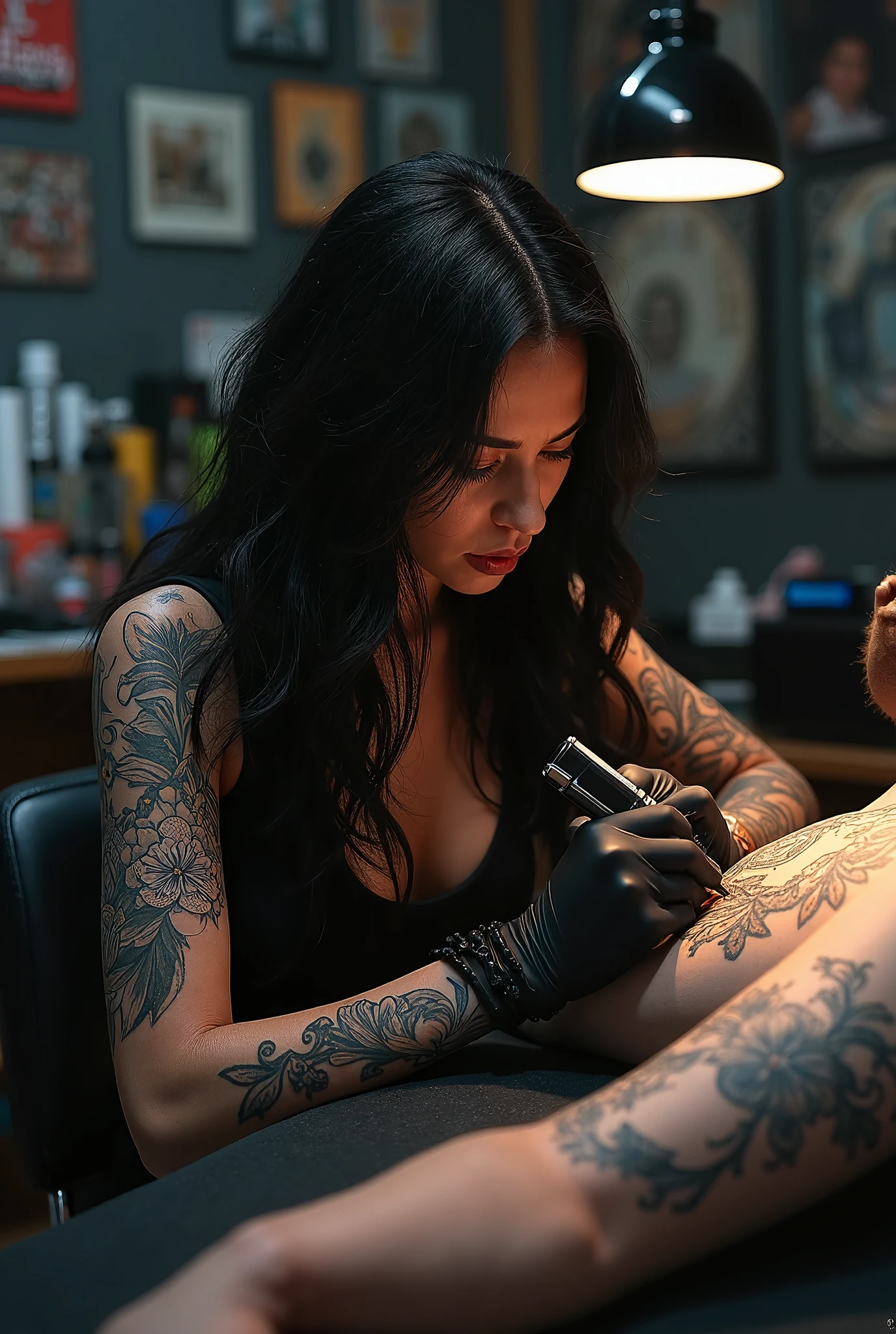 the same woman, now in a tattoo studio,