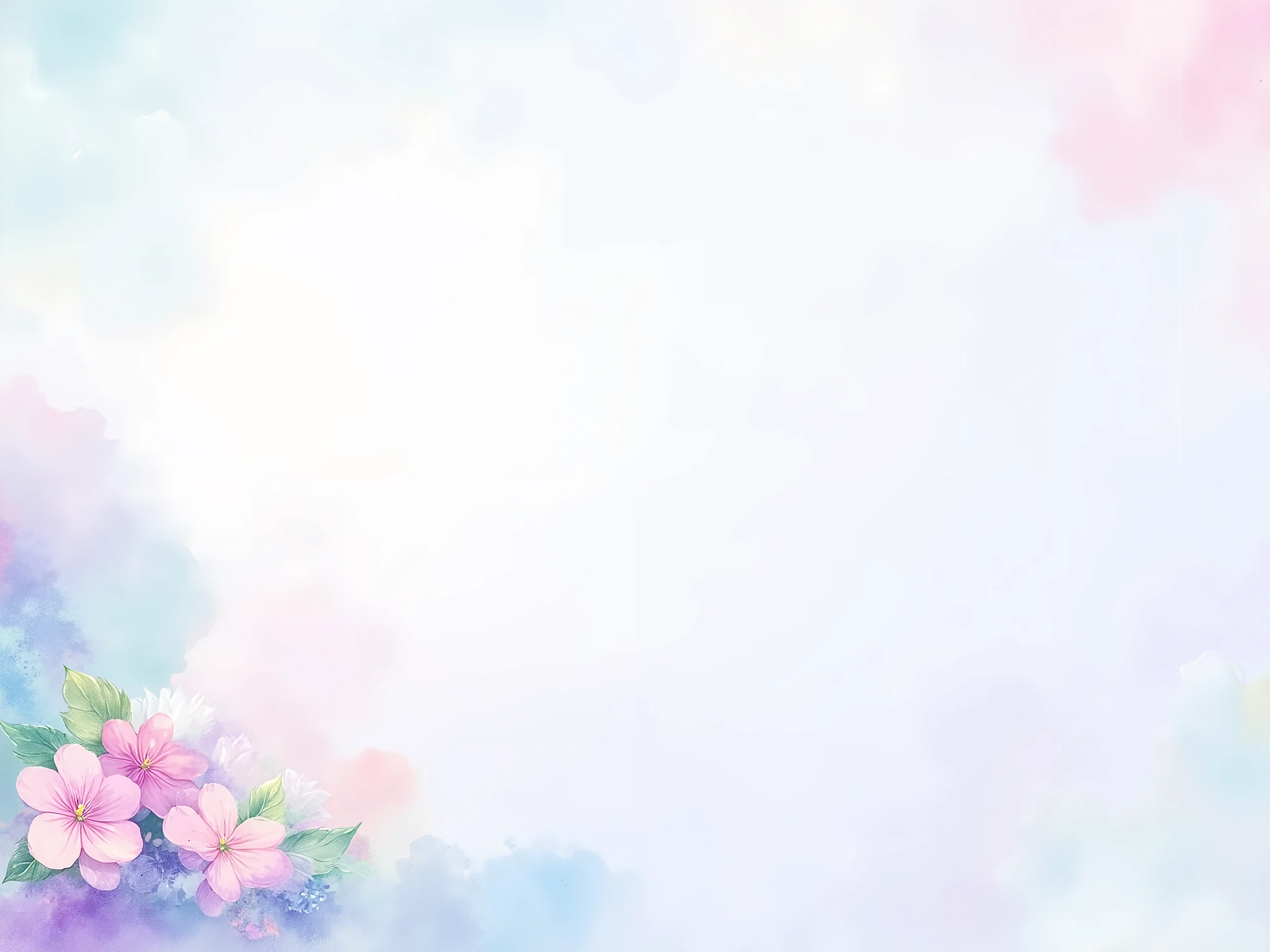 The overall composition uses gradients and smooth lines .template design. sky blue .light pink, Mint green , Lavender , design uses pastel tones like , Delicate flowers, umbrage, Avoid overly complex details inspired by nature, such as soft clouds {x} Embed by placing it on the side of the border in a smaller size. Secures enough margin for text placement . Independent finish without getting caught by screen borders . style should be modern and fresh, and the , Clean and minimal vector style illustrations for presentation backgrounds .The image is isolated within the screen ! has a soft and peaceful spring vibe .
