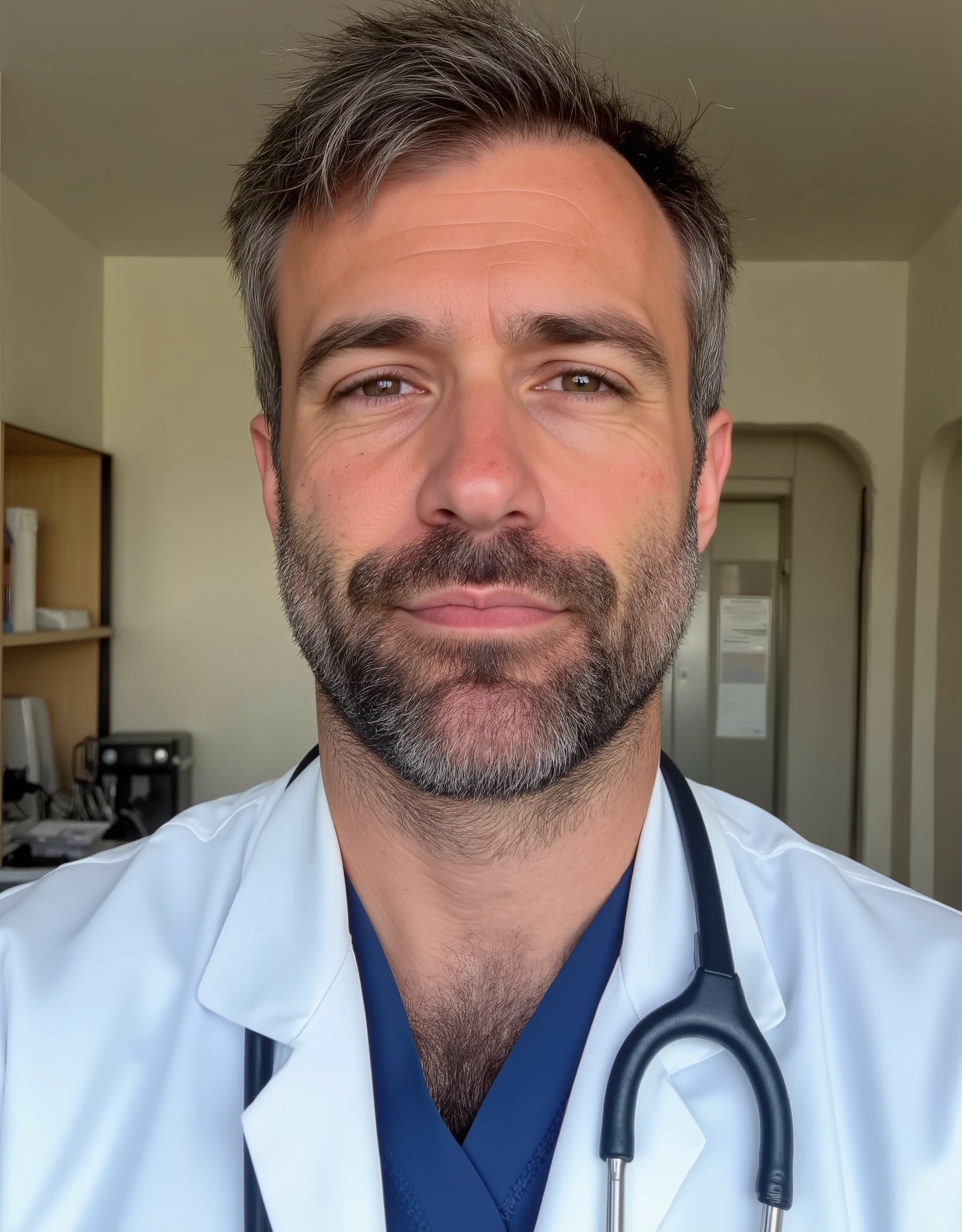 masterpiece, best quality, high resolution, closeup portrait, male focus, solo focus, A man, 35 years old, with doctor uniform, doctor suit, medicine doctor, very detailed realistic skin texture, slightly grey hair, messy hairstyle, cute and seductive face, bare chest, body hair, facial hair, roman nose, scruffy, hairy abs, scruffy,  skinny body, hairy legs, dimples, beard, bold jawline , in the background a hospital doctors office,  view from below, amazing composition, front view, HDR, ultra quality, elegant, highly detailed