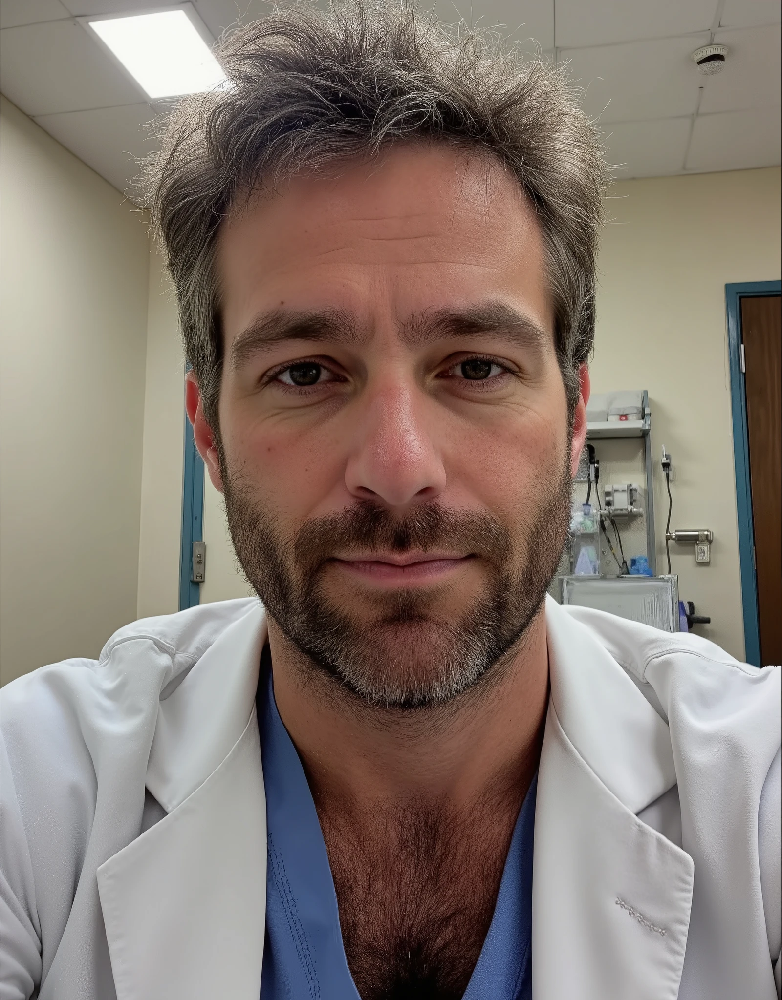 masterpiece, best quality, high resolution, portrait, male focus, solo focus, A man, 35 years old, with doctor uniform, doctor suit, medicine doctor, very detailed realistic skin texture, slightly grey hair, messy hairstyle, cute and seductive face, bare chest, body hair, facial hair, roman nose, scruffy, hairy abs, scruffy, skinny body, hairy legs, dimples, beard, bold jawline , in the background a hospital doctors office, view from below, amazing composition, front view, HDR, ultra quality, elegant, highly detailed