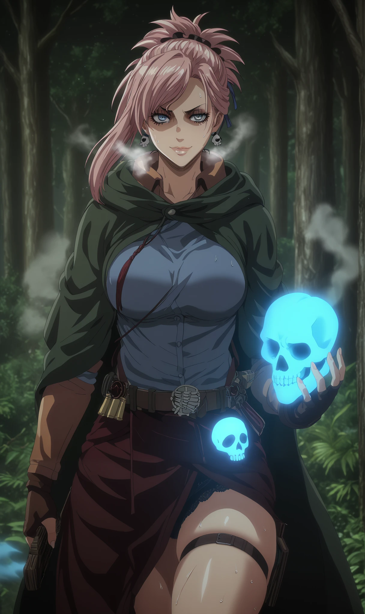 , score_9, score_8_up, score_7_up, score_6_up, score_5_up, score_4_up, uncensored, miyamoto musashi, pink hair, earrings, ponytail, asymmetrical hair, swept bangs, blue eyes, anime coloring, anime screencap, (voluptuous:1.3), (thick:1.3), BREAK UHD, retina, masterpiece, accurate, anatomically correct, textured skin, super detail, high details, high quality, award winning, best quality, highres, 4K, excessive sweating, sweating, sweating drop, (gasping, heavy breathing:1.3), (skindentation:1.2), perfect eyes, beautiful eyes, eyelashes, makeup, detailed body, perfect body, BREAK, 1girl, solo, skull, glowing, looking_at_viewer, holding_skull, gloves, holding, hood, magic, cloak, hood_down, cowboy_shot, cape, breasts, glowing_eyes, smirk, shaded face, jewelry, at the forest, jungle
