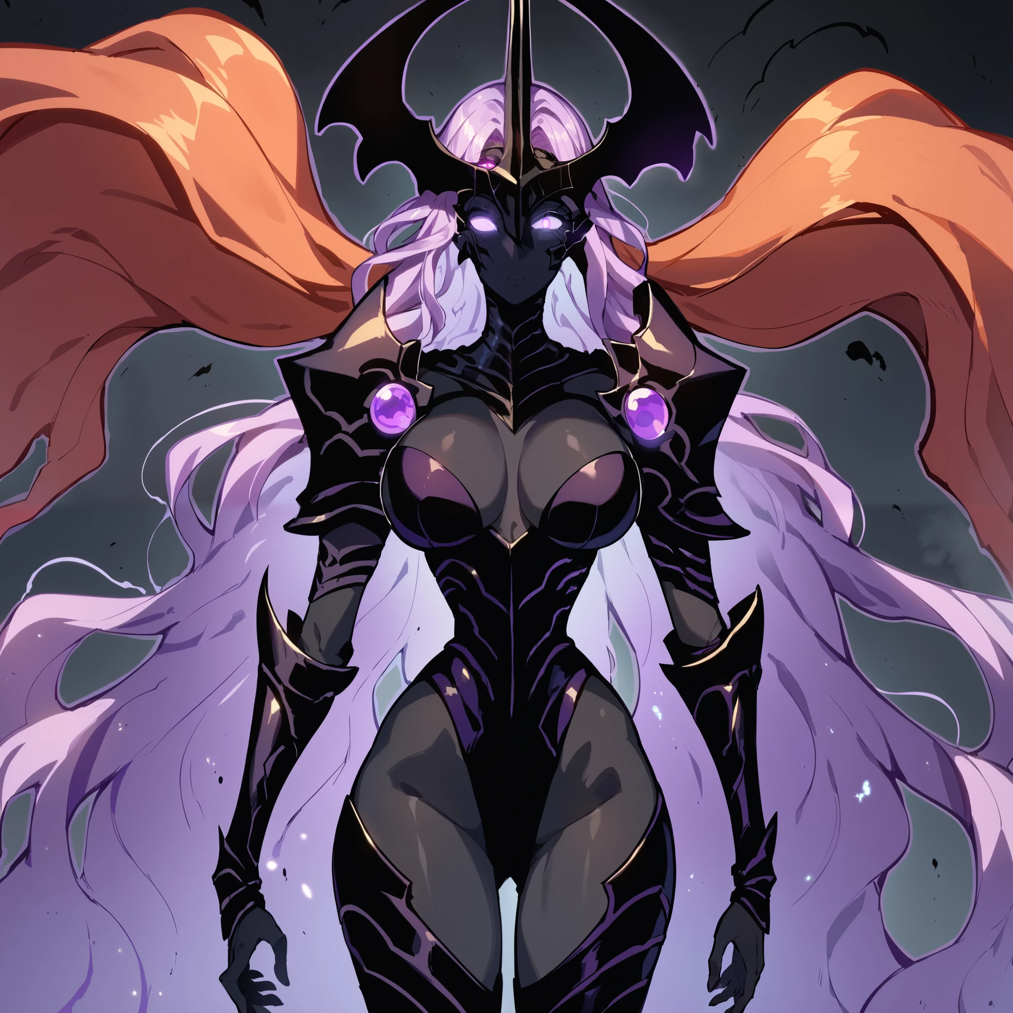 1girl, solo, glowing eyes, purple eyes, big breasts, narrow waist, wide hips, thick thighs, very long purple hair, floating hair, totally black skin, Arise, shadow, glowing, aura, shadow_soldier, ghost, purple skin, black skin, glowing skin, aura skin, smokey skin, dark skin, shadowy figure, misty and wispy, swirling smoke, dark fantasy, ethereal, Purple and black, knight armor, standing, looking at viewer, simple background, from the front view