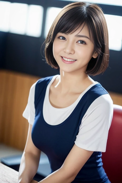 （8k、Raw photography、highest quality、masterpiece：1.2),(black haired、very short hair:1.5),view viewer,Looking at the front,erotic,白いskin,(Pink Ranger:1.8)、(Clothing that emphasizes the shape of your chest、publish one&#39;skin:1.4)、(huge boobs:1.2)、ultra high resolution,beautiful,beautiful fece,(one person, one personで、no background:1.9),whole bodyボディー,japanese woman,（photoreal：1.37）、photon mapping,reality、(Cute with a baby face: 1.7)、(cute smile: 1.7)、(round face: 1.9)、radio city、Physically based rendering、depth of field rally background、photograph, (I can see your knees,close up of thighs:1.7),whole body、super fine