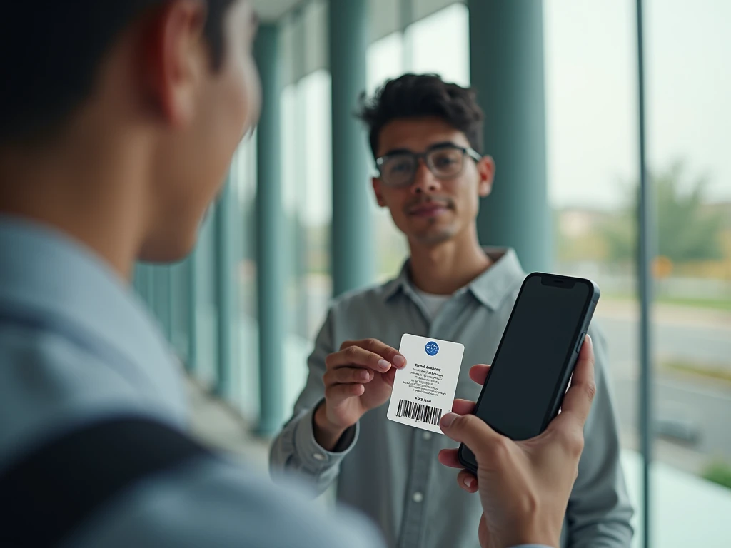 Make a picture of a person scanning a islamic student card with a barcode on it with a smartphone