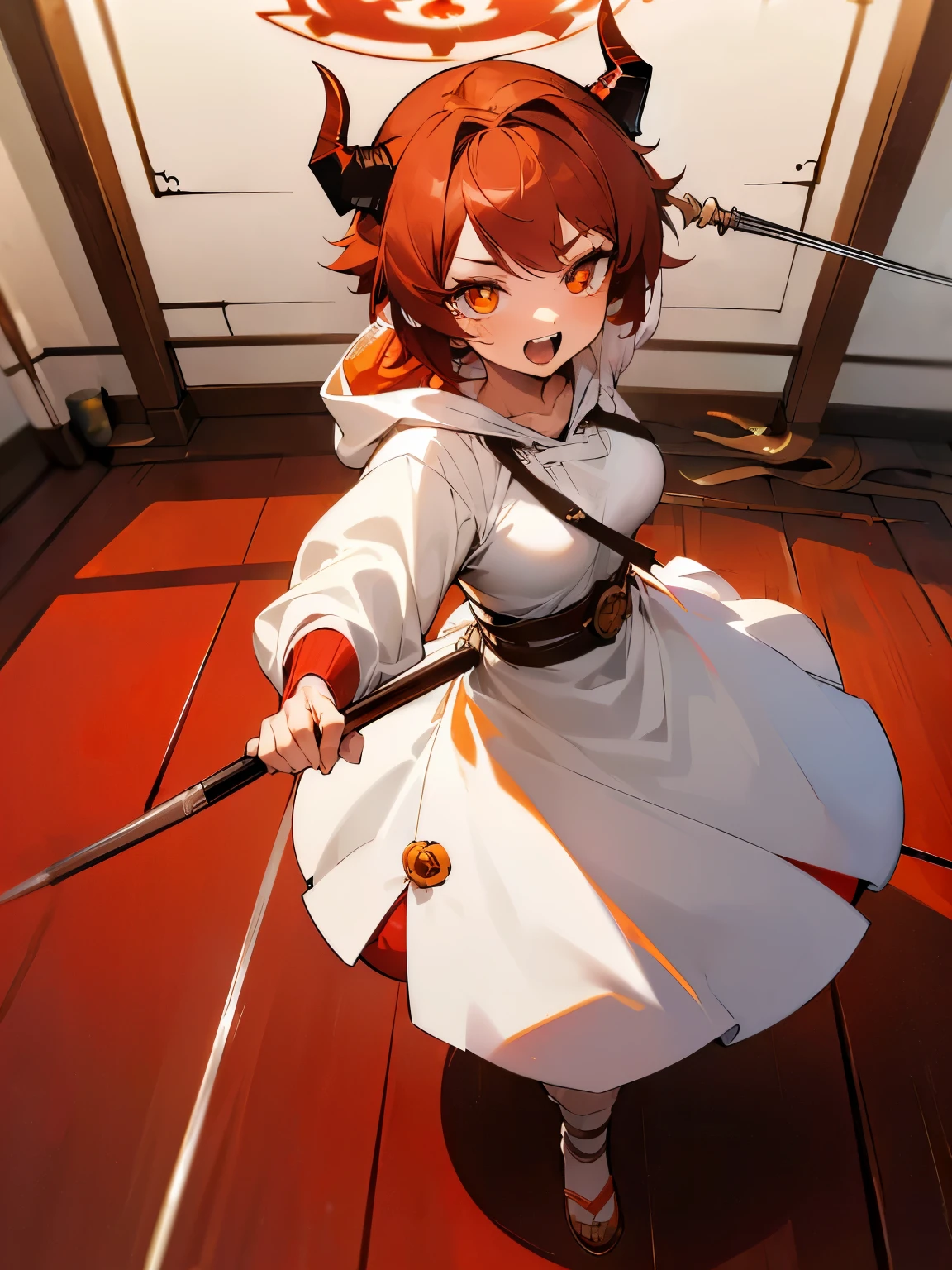 ultra detailed, masterpiece, best quality, solo, <lora:kny_v1:0.75>,
frown,
1girl, red eyes, <lora:Tsurime3:1>, (tsurime:1.2), brown hair, medium hair, asymmetrical bangs, swept bangs, parted bangs, cowlick, parted bangs, flipped hair, <lora:foldedponytail:1> foldedponytail, folded ponytail, (small breasts:1.3),
fingerless gloves, shimenawa hair tie, sleeveless turtleneck, crop top, groin, (shimenawa:1.3), (shimenawa sash:1.3), (overskirt:1.2), shorts, flats, bandages, bandaged arm, bare legs, navel, fighting stance,
