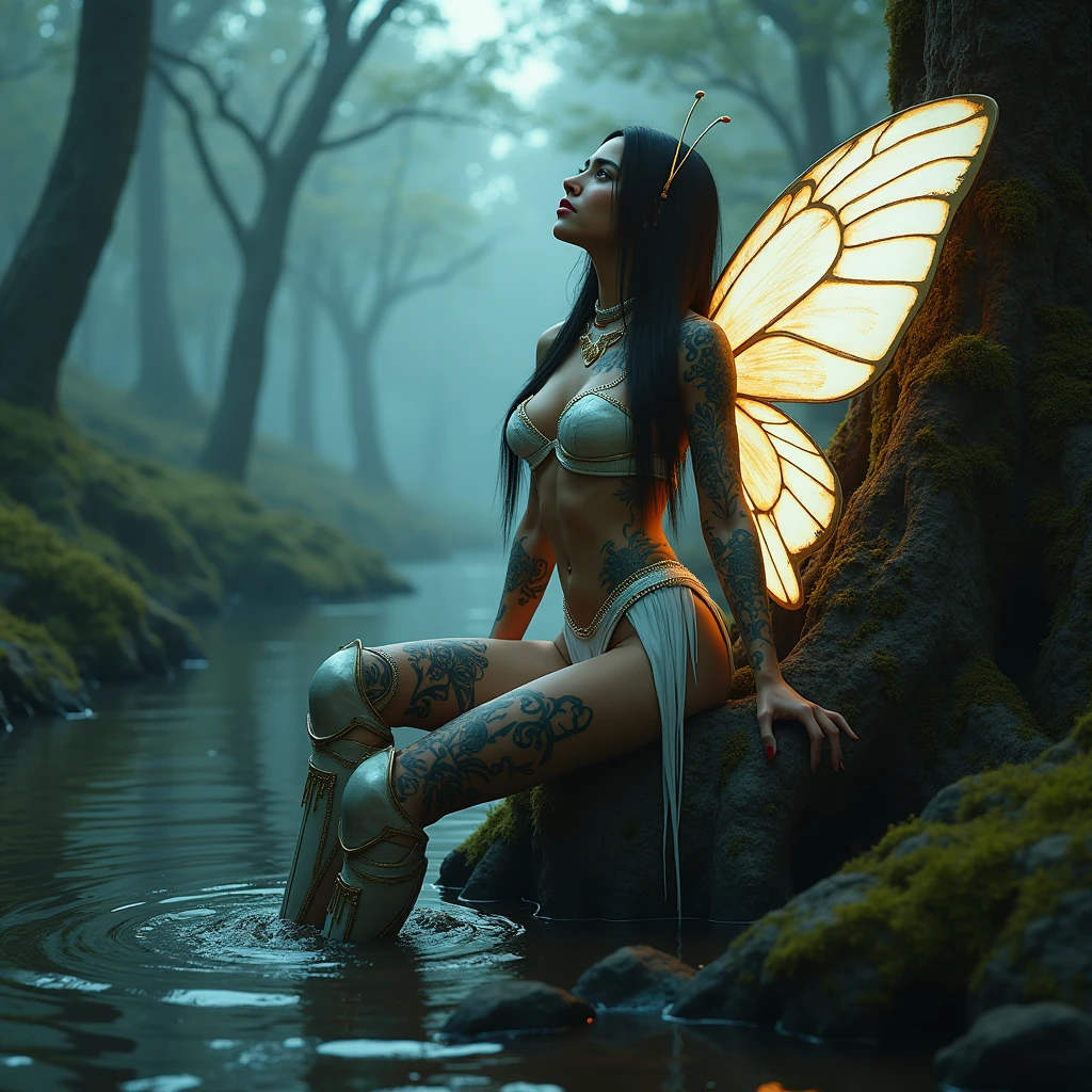 uma mulher com um vestido com asas de fogo e borboletas voando ao seu redor, the butterfly Deusa do fogo, com asas azuis de agua of wather, com asas douradas de fogo, appears as the Deusa da agua, asas, Deusa da agua, Asas de agua, amazing fantasy art, very bela arte de fantasia, bela arte de fantasia, Deusa da agua deusa da raiva, breathtaking fantasy art, hot Deusa da agua