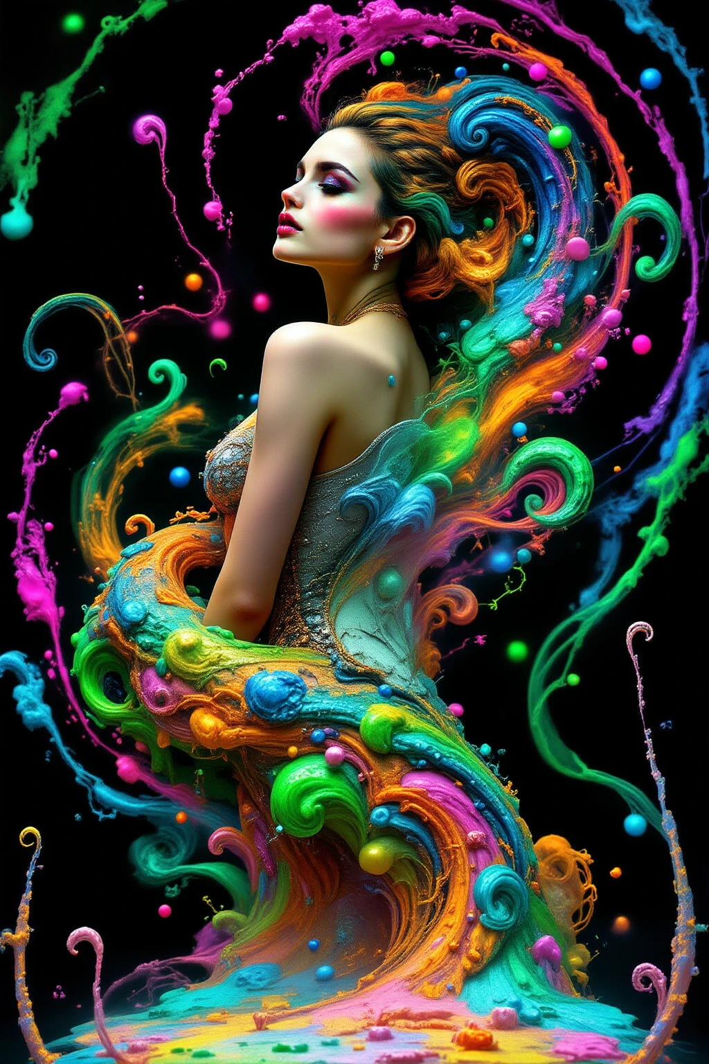 Beautiful and colorful woman: 25 years old woman, messy hair, oil painting, beautiful and perfect face with soft skin, perfect face, pinkish green cores, light and violet magnetic additions, light red additions, Painter, wearing apron or transparent nightgown, holding brush, intricate details home screen masterpiece in 8k resolution beautiful face digital painting photorealistic art station smooth fluid black paint: photorealistic masterpiece in 8k resolution: intricately detailed gouache painting fluid: by John Baptist Mongue: calligraphy: acrylic : artistic watercolor, professional photography, natural lighting, volumetric lighting maximalist photographic illustration: by Marton Bobzert: complex, elegant, expansive, Fantastic