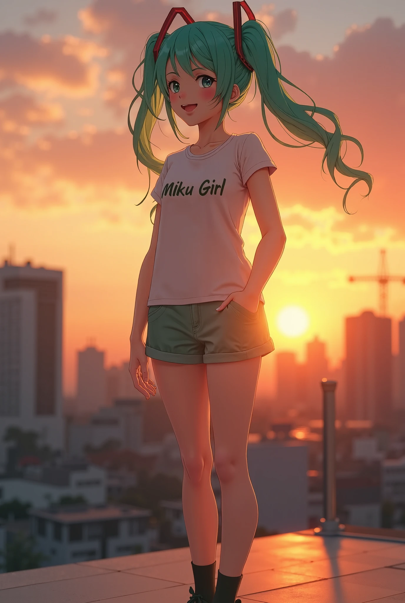 The hatsune miku stands on a sleek urban rooftop as the sun sets, casting a warm golden glow across the city skyline. The fading light highlights her porcelain skin and green hair, which flows gently in the evening breeze. She wears the same playful "Miku Girl"  T-shirt and matching shorts, her figure silhouetted against the vibrant hues of the sky. The wide-angle lens captures her confident pose, with the blurred cityscape below and the glowing horizon behind her creating a dreamy, cinematic atmosphere. The composition balances her radiant presence with the dynamic urban environment, evoking a sense of freedom and modernity.
