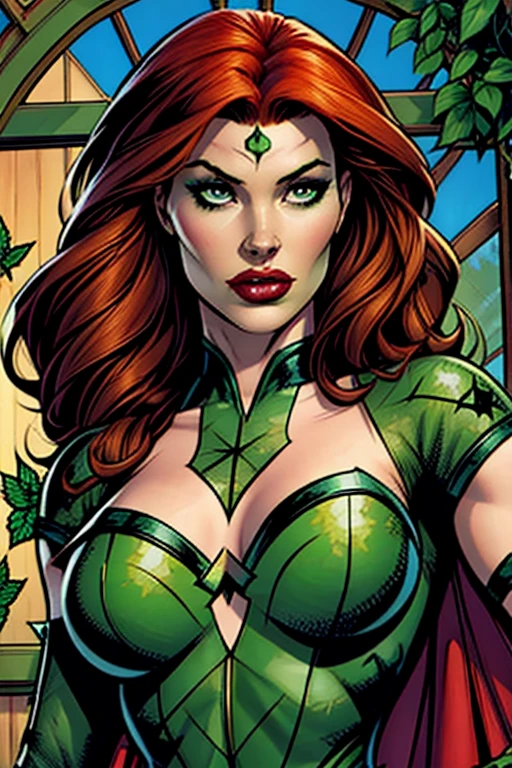 4k, a woman with red hair and a sword in a green outfit, boris villeJ.o, poster. lord of daggers, full body portrait of J.ean gray, by Glenn Fabry, by Mark Brooks, Chris Moore. artegerm, inspired by Clyde Caldwell, J.. Scott Campbell, Poison Ivy, zenoscope, inspired by Earl Norem, inspired by Mark Brooks