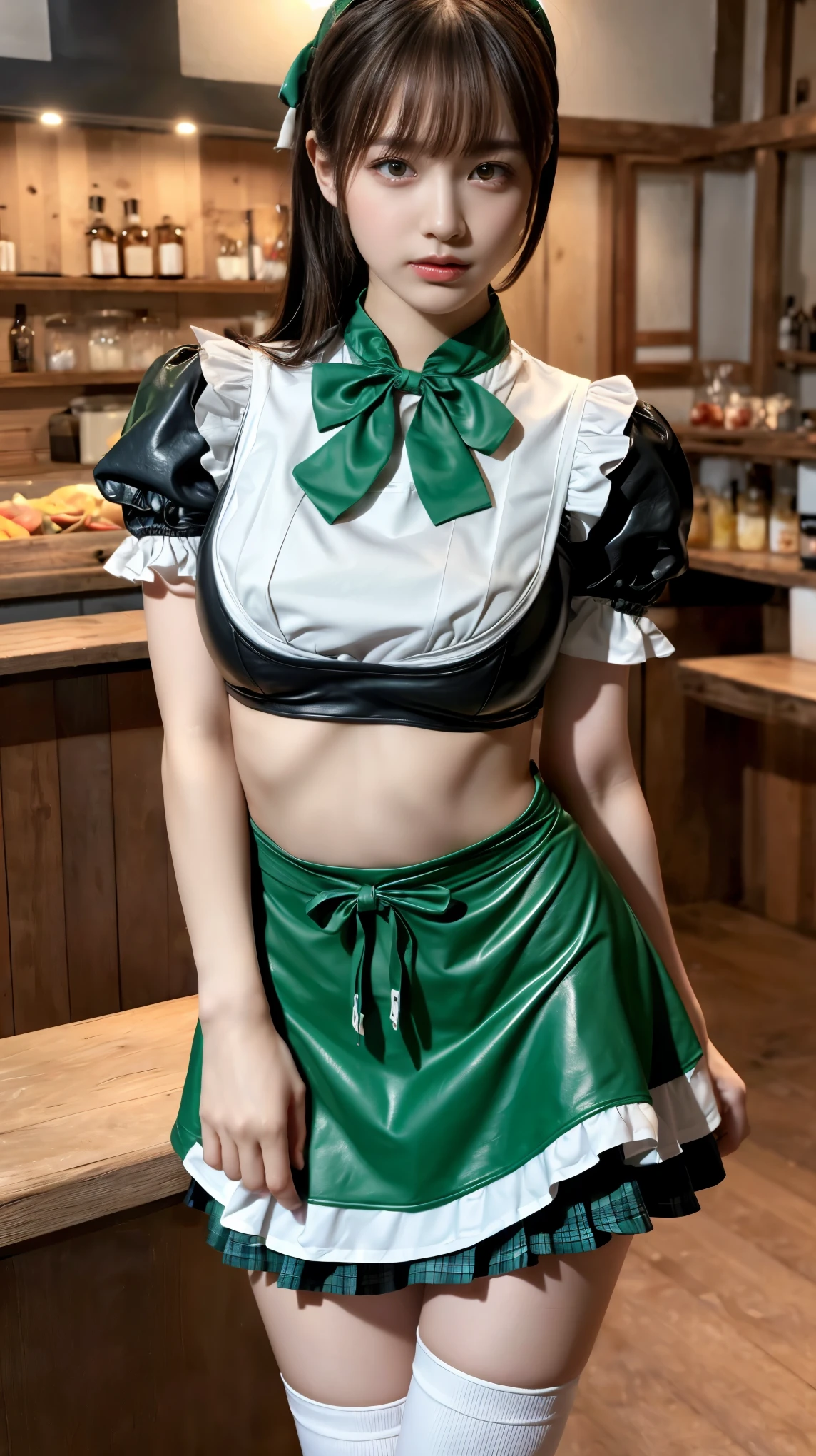 all realistic intricate details, masterpiece,detailed face,detailed skin,detailed eyes,shiny skin,shiny lips,highest quality,.syr Flova, gray hair, syr,maid headdress, green long dress, (((miniskirt ))),apron, smile, Happy, closed mouth, holding tray, bar, Shoulder bag,sitting,beautiful thighs,slender,white lace panties,white garter belt ,lift skirt,slim thighs,clothed,