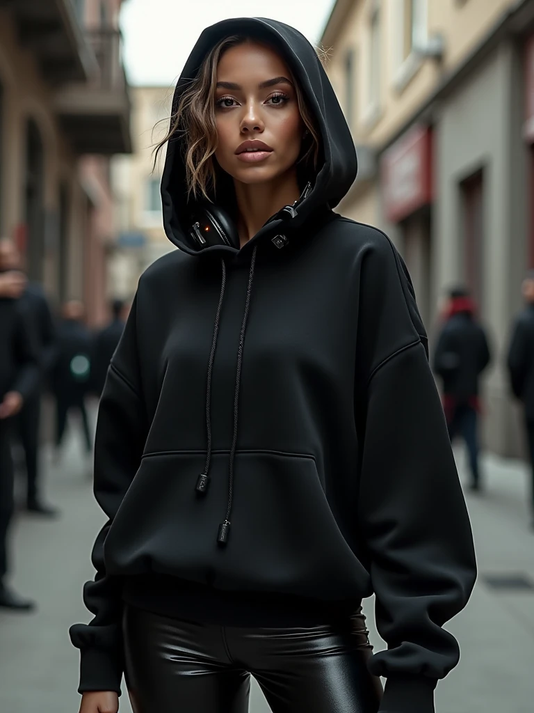 a woman in a black hoodie bending over, pulling up her black leather shorts, detailed face, detailed eyes, detailed lips, detailed hair in a bun, realistic, high quality, photorealistic, 8k, best quality, ultra-detailed, physically-based rendering, vivid colors, studio lighting, dramatic lighting, cinematic, moody, chiaroscuro