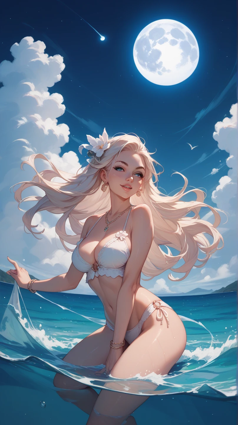 Create a woman with a bikini on her back and beautiful breasts