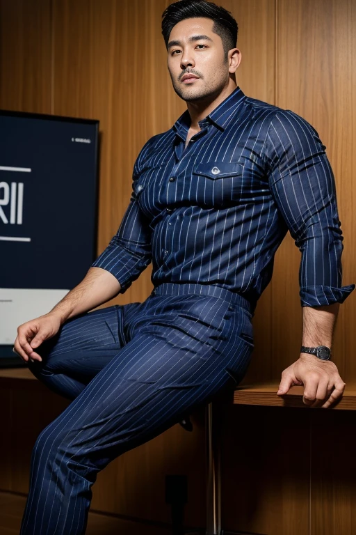 Handsome 20years old young boy, with realistce face, black short hair cut, fitness body, wearing a vertical stripes regular spread collar sky blue shirt and trousers, full body image,  stand up stylish pose 