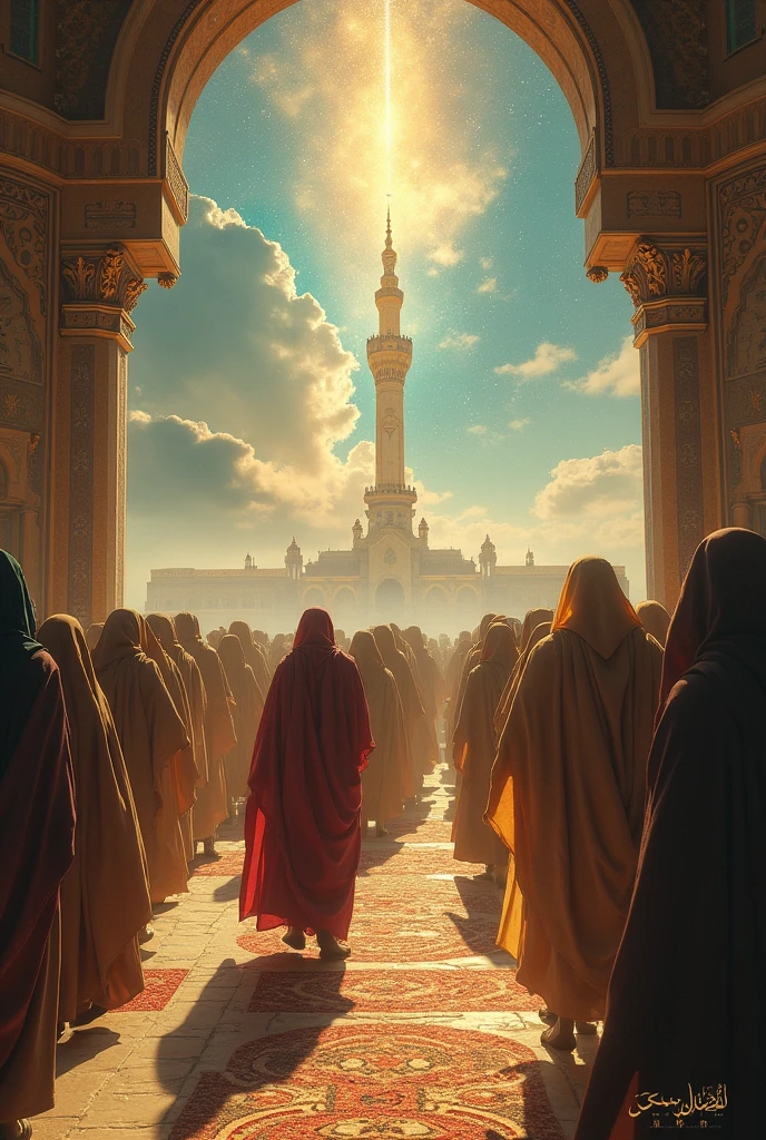 A glowing path of charity leading from a wealthy man’s house to a mosque, with people being helped along the way.