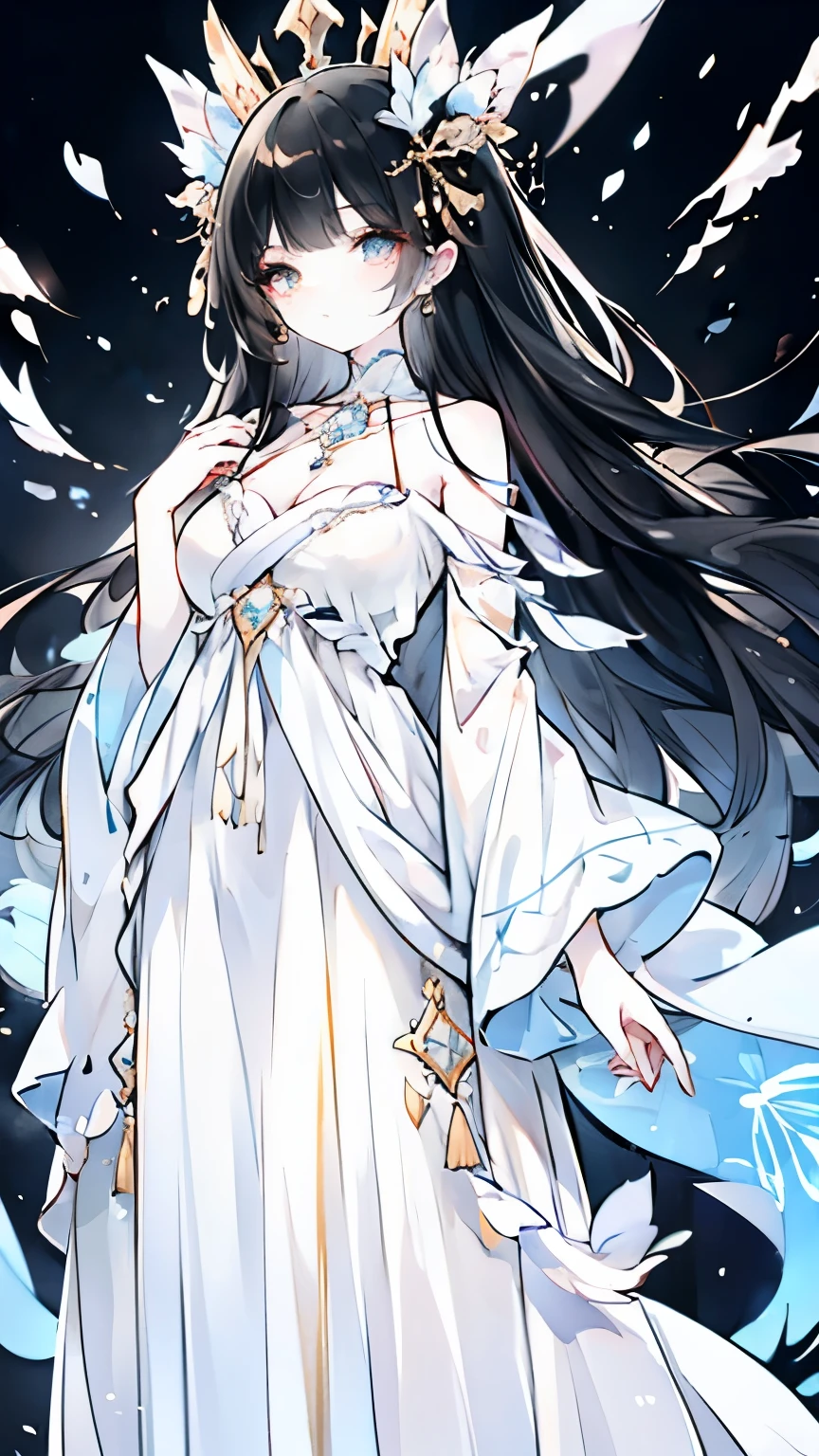 （Beautiful girl dressed in white），Full body standing painting，Wide sleeves，watery big eyes，Beautiful face and smooth fair skin，s delicate face，cabelos preto e longos，An ancient Chinese beauty，wearing ancient Chinese costume，gossamer，Colorful，Vivid and bright colors，Vibrant digital illustration，（clean backdrop），Ink painting style，Clean colors，Decisive cut，A white space，tmasterpiece， Ultra-delicate，Epic composition，high high quality，HighestQuali，4K