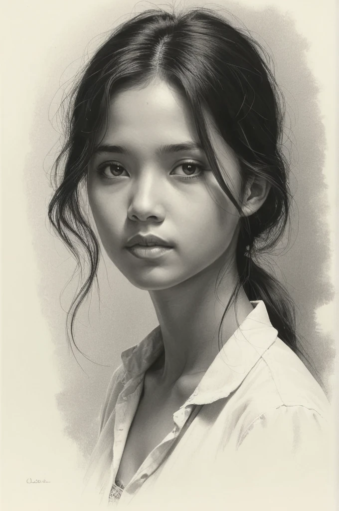 Graphite drawing of a 25yo Filipino woman, front view, full body, standing, without clothes, white background