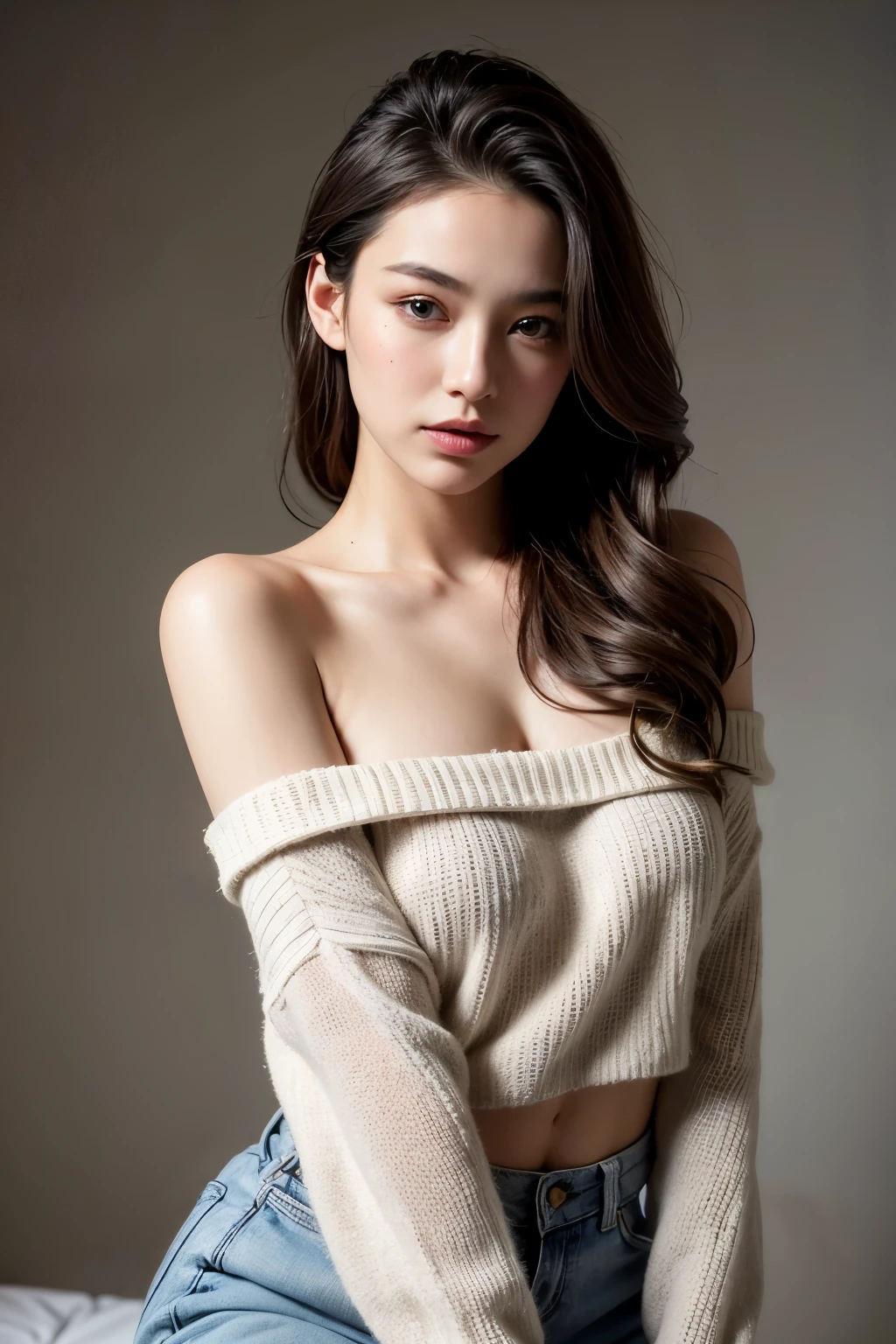 MagazineCover,virginKillerSweater, Side Chest, (Sleeveless:1.2), cleavage_Cutout. Petite. Small. Little. Pov.